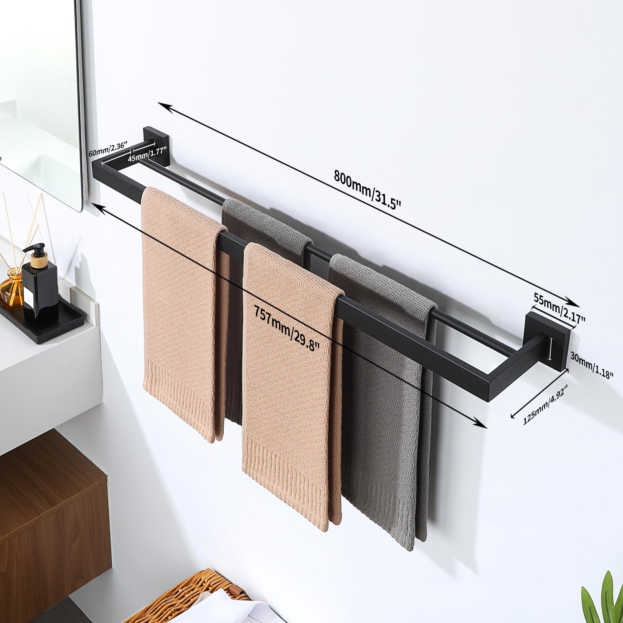 Mooche Porte Serviette Mural, 80 CM, en Acier Inoxydable 304, Noir