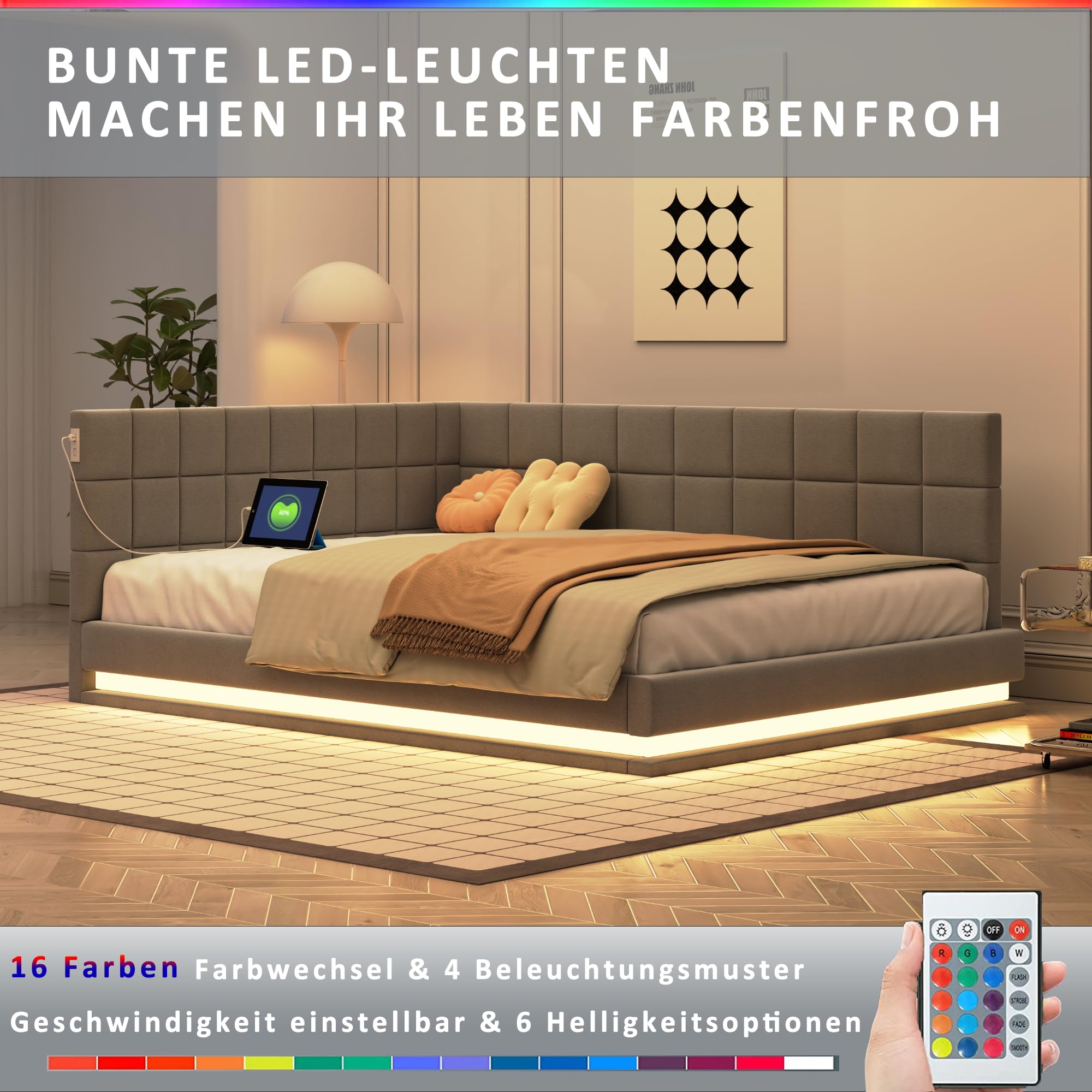 ZYLOYAL10 Cama tapizada para sofá cama multifunción con somier de láminas de tela aterciopelada agradable al tacto (tira de luz LED gris, 140 x 200 cm)