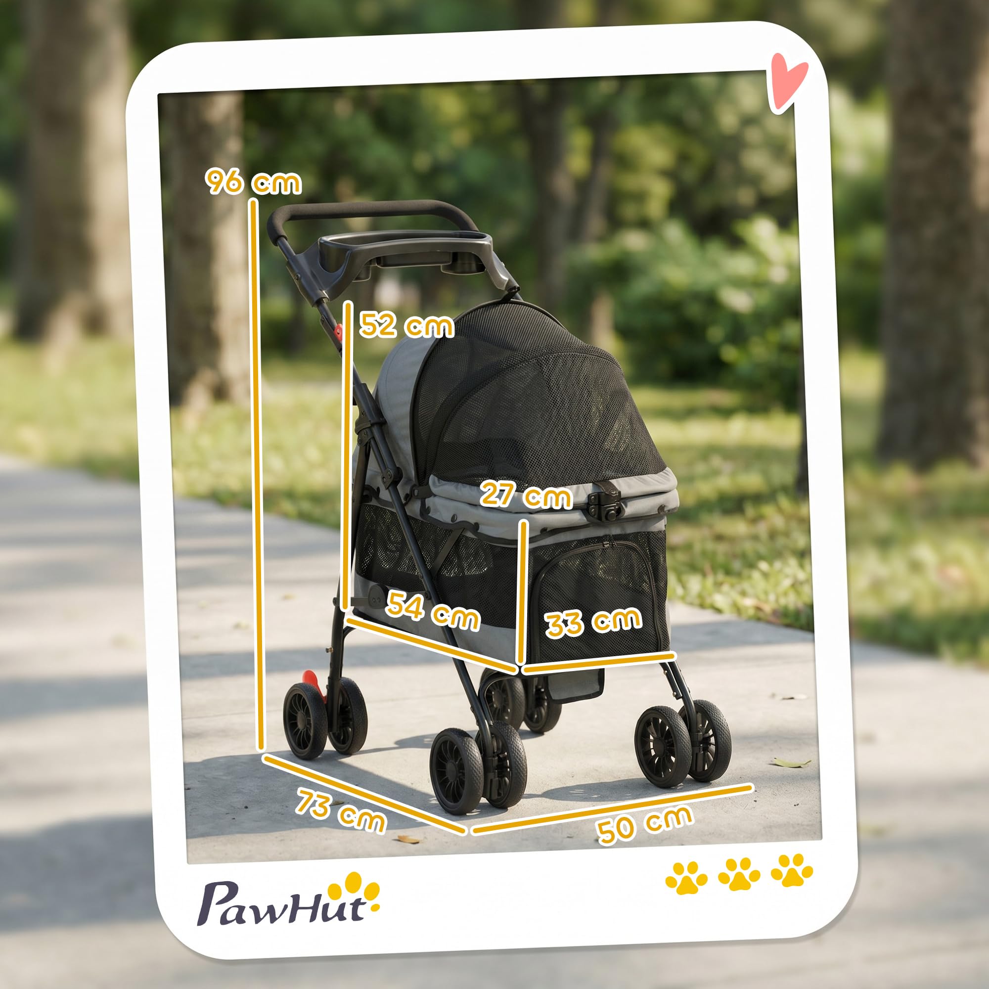PawHut Poussette pour Chien avec 4 Roues EVA, Chariot Pliable avec Fenêtres en Maille, Frein, Laisses de Sécurité, Coussin Amovible, Plateau de Rangement, Porte-Gobelet, pour Petits Chiens, Gris