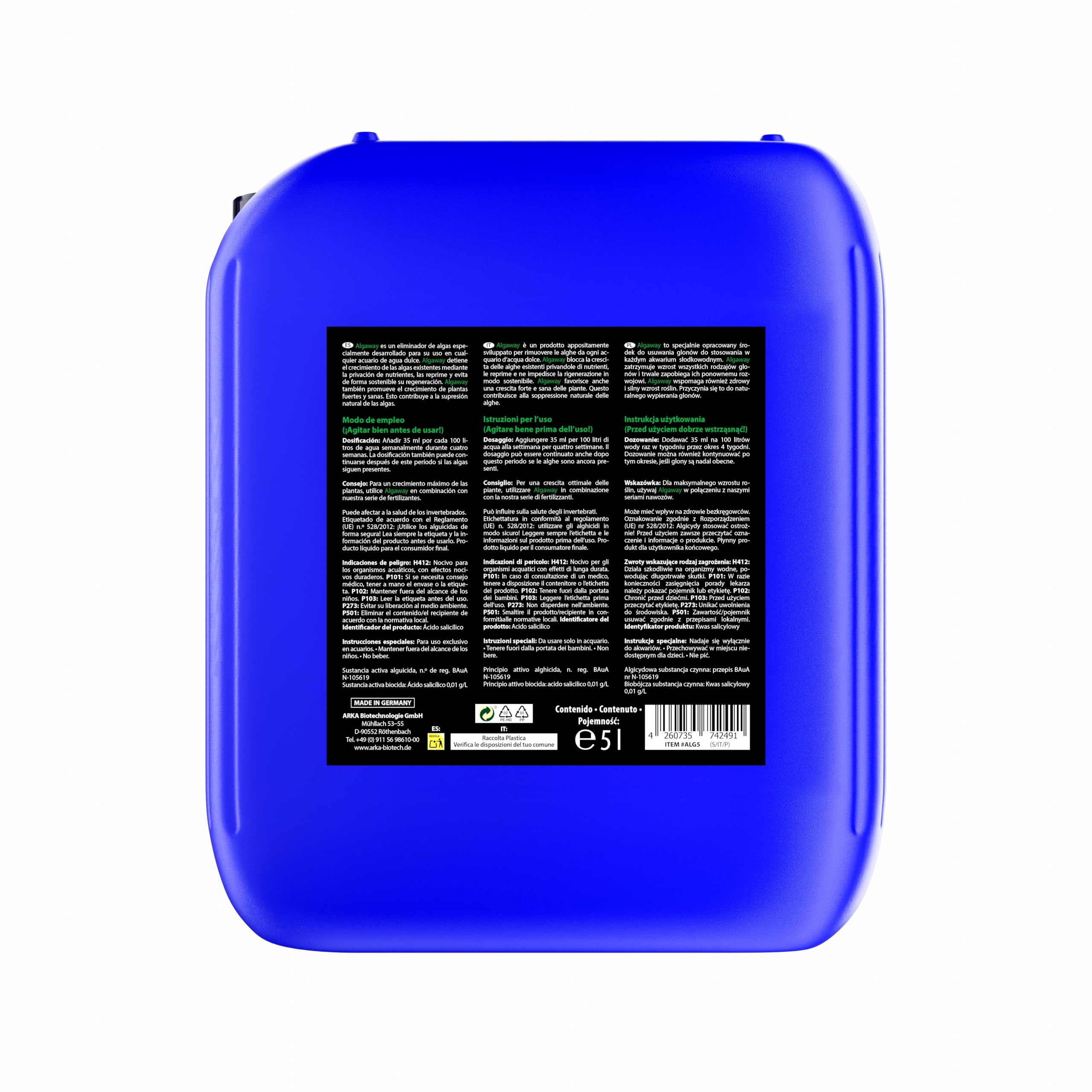 Eliminador de Algas para Acuario 5000 ml – ARKA Algaway – Tratamiento contra Algas filamentosas, Verdes y puntuales – sin Cobre y Seguro para Plantas – Agua Clara y Saludable – acuarios de Agua Dulce