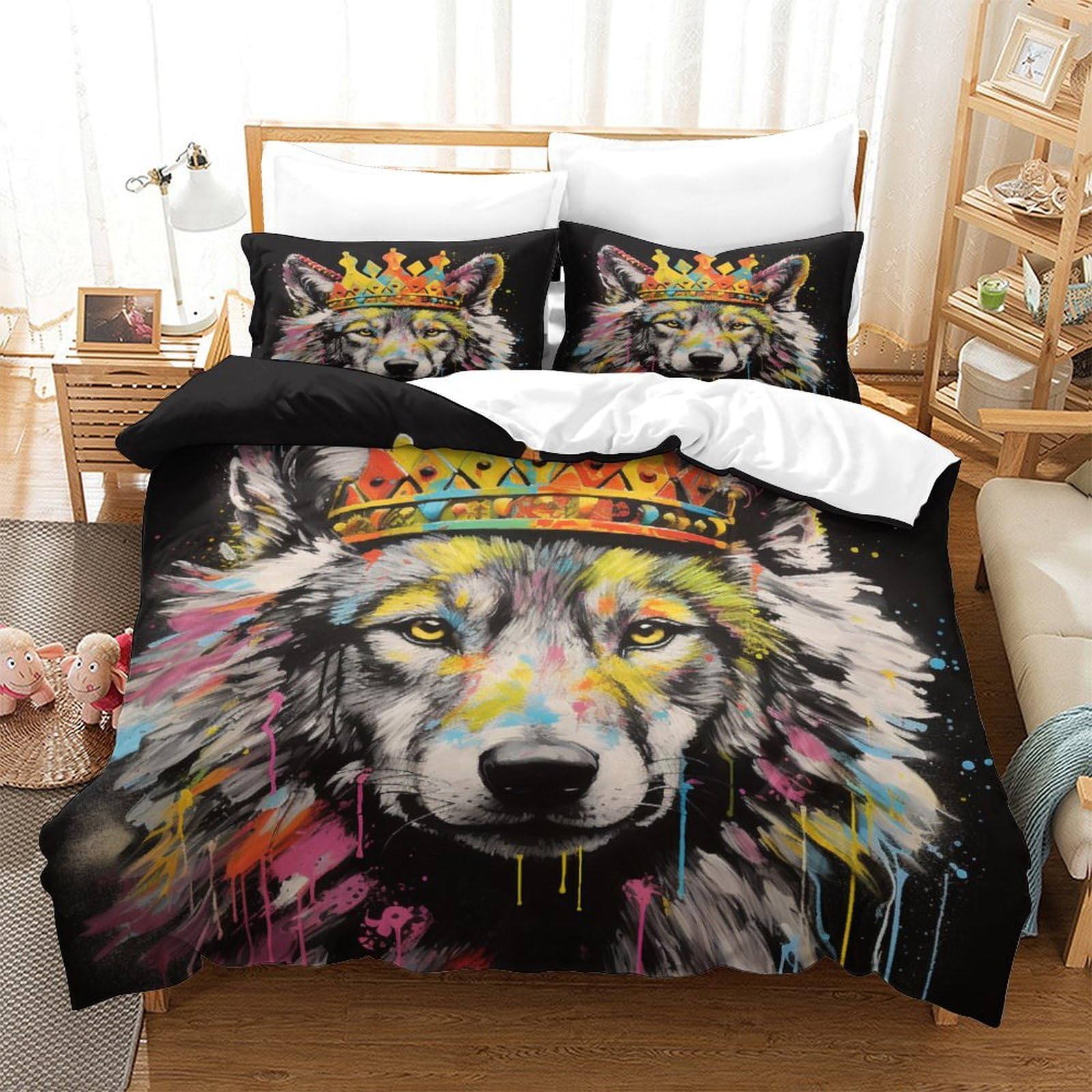 P1S9U7W5Y Artful Wolf 3D Printed Duvet Cover Set 3pcs Microfiber Crown Wolf Bedding Set King