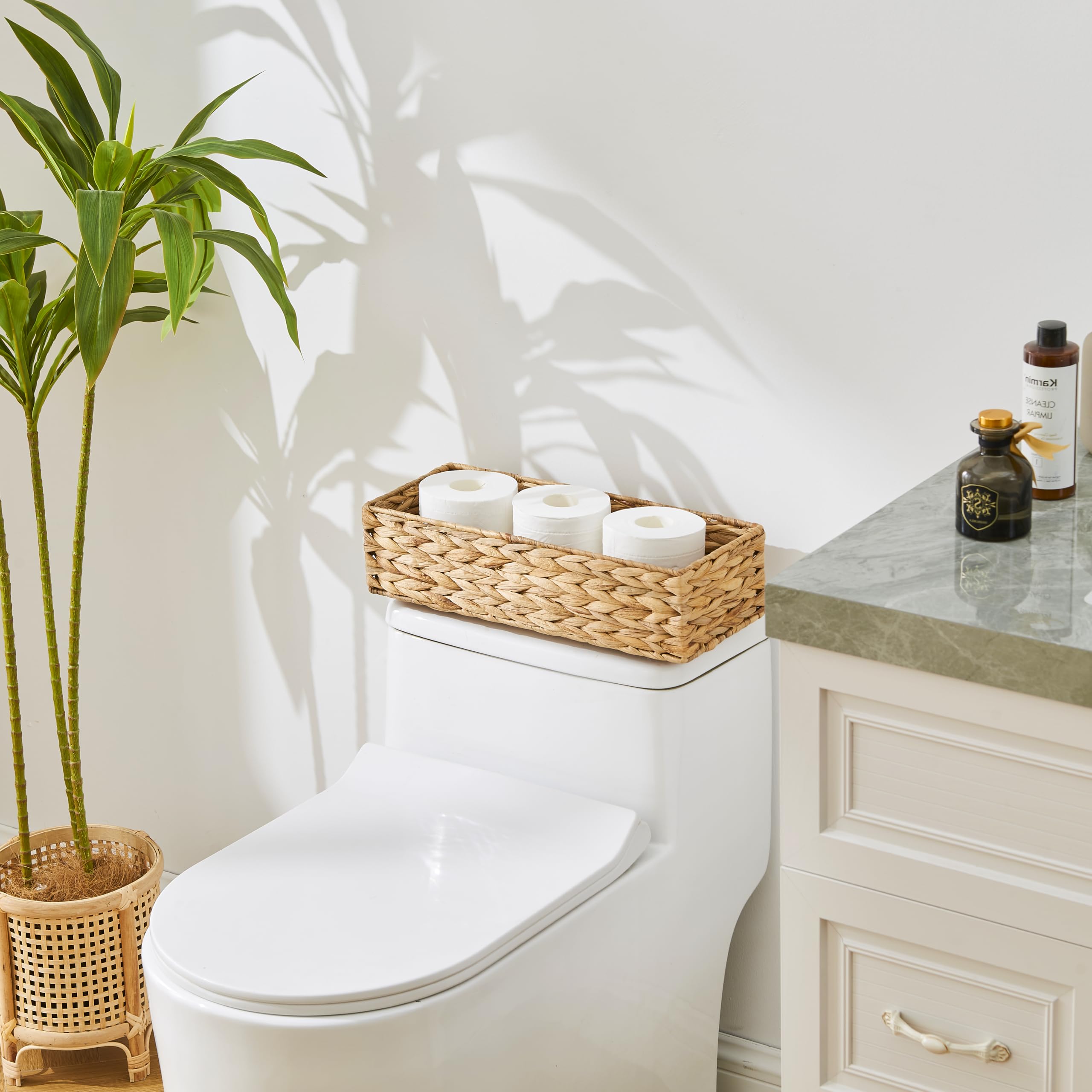 VILSSOVY 2Packs Toilet Paper Basket, Handwoven Toilet Tank Basket, Water Hyacinth Bathroom Baskets for Toilet Paper, Small Wicker Baskets for Bathroom, Laundry or Home(15.7