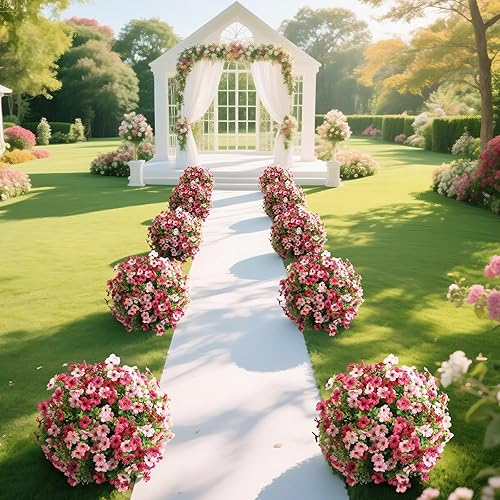 Miniatura 7 de momoplant Árbol de bola artificial de boj con flores de mamá, planta sintética de 24 pulgadas de alto con picos de tierra, juego de 2 arbustos de