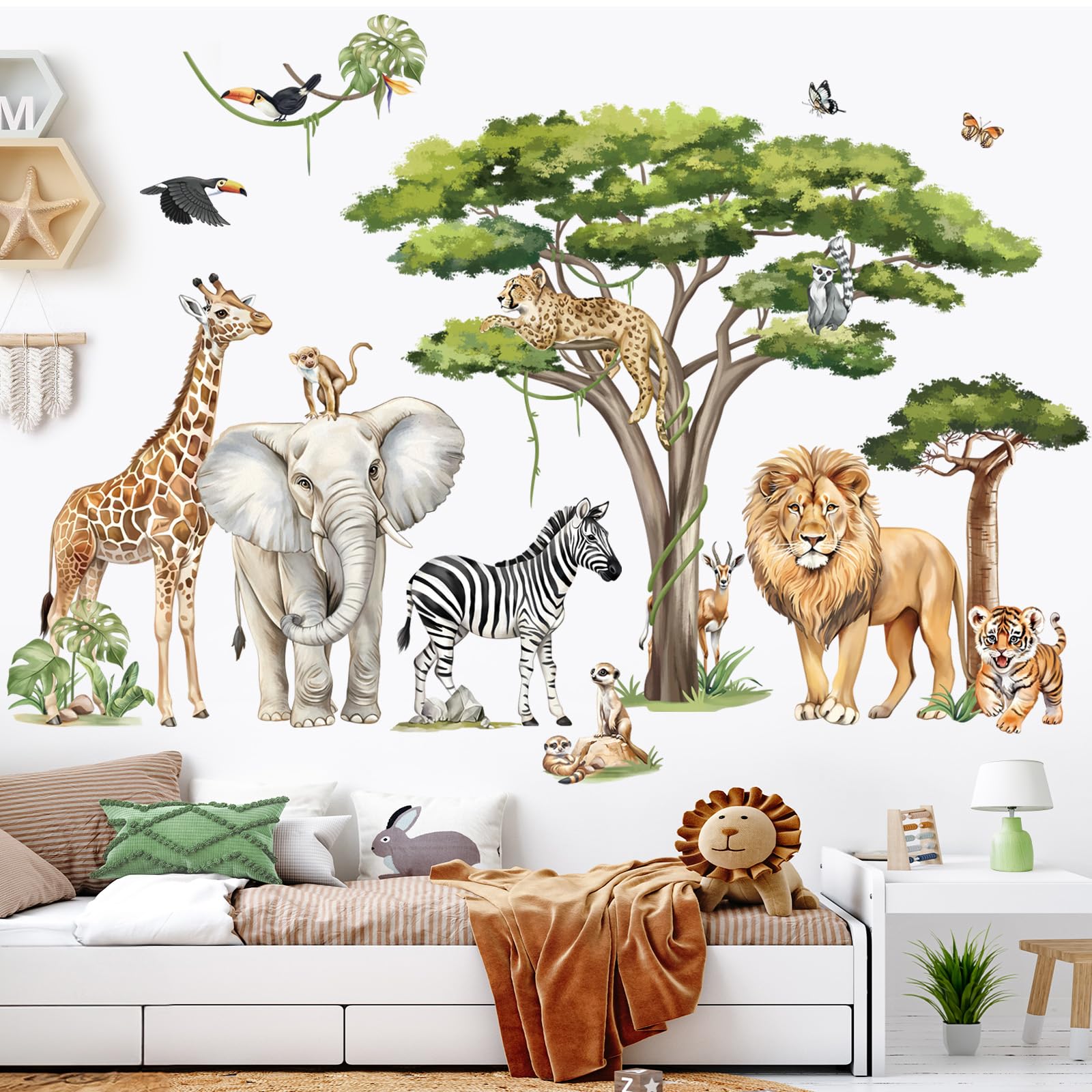 Decalmile Grands Autocollants Muraux Motif Girafe De La Jungle Animaux Tropicaux Feuilles Tropicales Pour Chambre De Bébé, Chambre D'enfant, Salle De Jeux