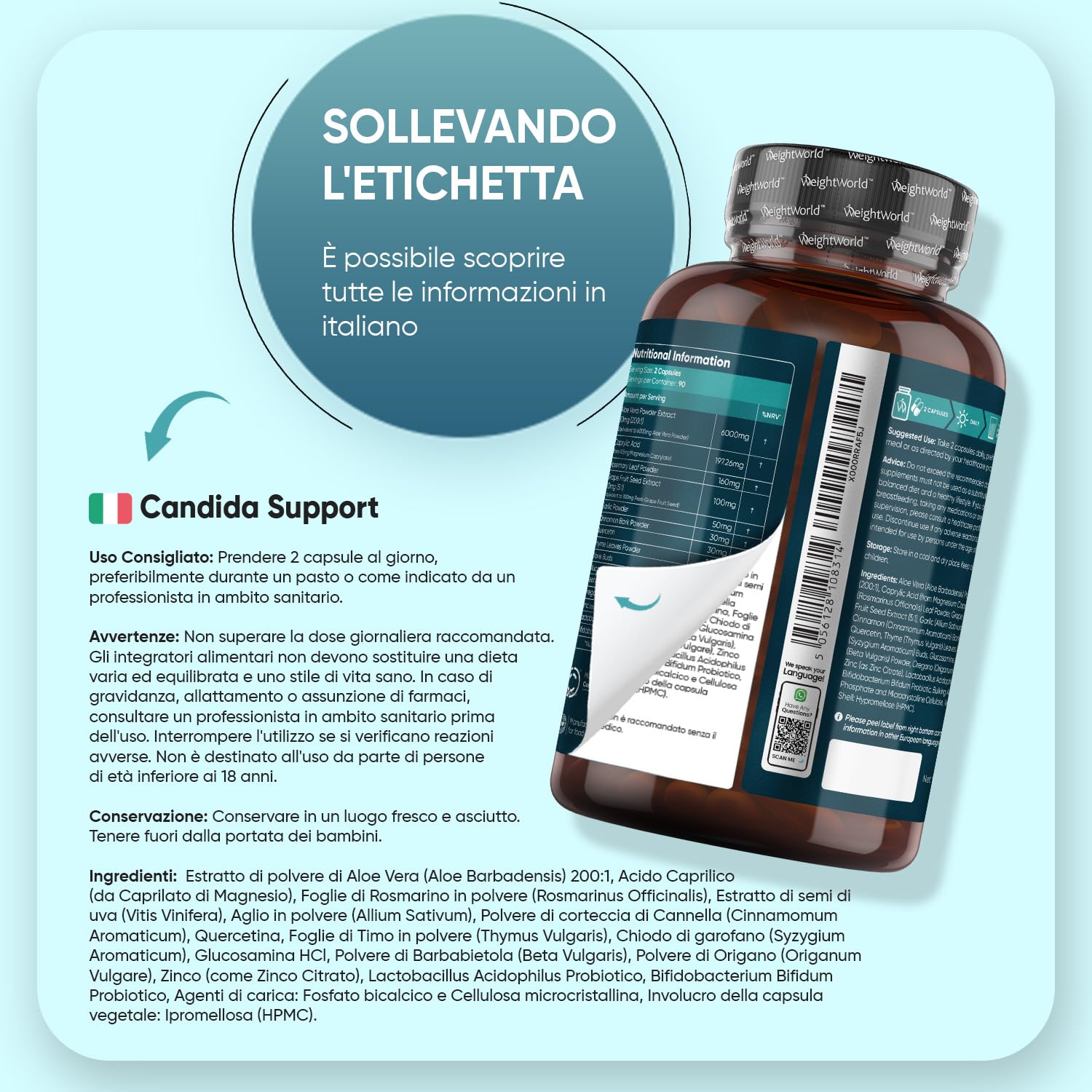 Candida Support 180 Capsule Vegane, (Scorta 3 Mesi), Complex con Zinco, Aglio, Quercetina, Aloe Vera, Rosmarino, Cannella, Probiotici Donna e Uomo, Lactobacillus Acidophilus e Bifidobacterium Bifidum