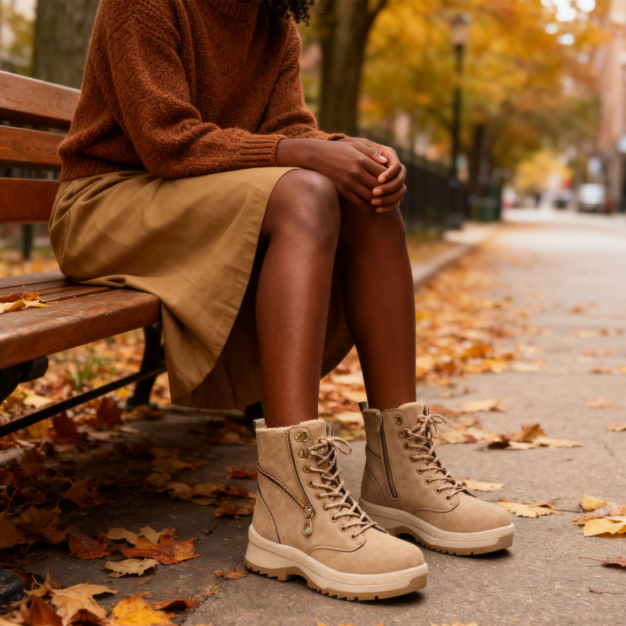 GLAMORA Botas de Nieve para Mujer, Botines de Invierno Estilo Montaña, Antideslizantes, Resistentes al Agua, con Pelo, Cremallera Lateral y Cordones