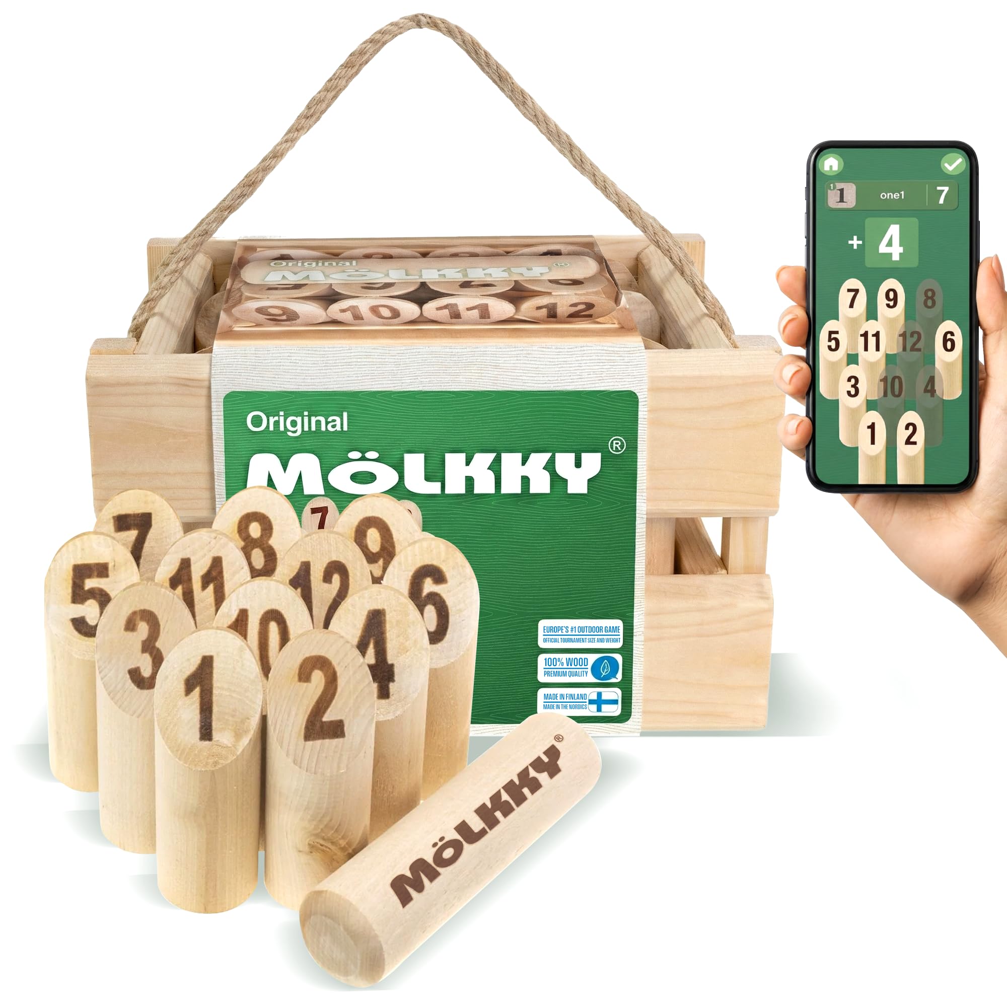 Mölkky Original - Holz Wurfspiele für Draußen, Garten, Picknick, Strand, Freizeit, Camping - Birkenholz 12 Kegel,1 Stock, Spiel Outdoor für Familie, Gruppen, 2+ Spieler, ab 6 Jahren