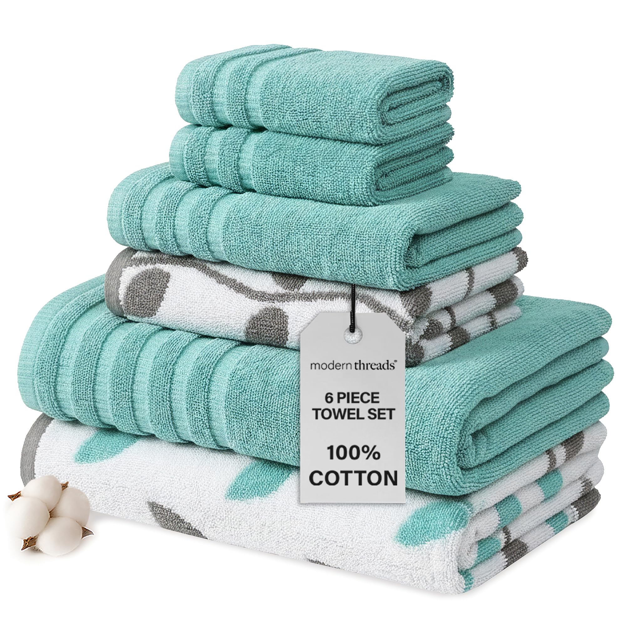 Modern Threads Organic Vines 6-Piece 100% Cotton Towel Set – Yarn Dyed Jacquard & Solid – Includes 2 Bath Towels, 2 Hand Towels, 2 Washcloths – Absorbent, Quick Dry, Soft & Durable – Aqua