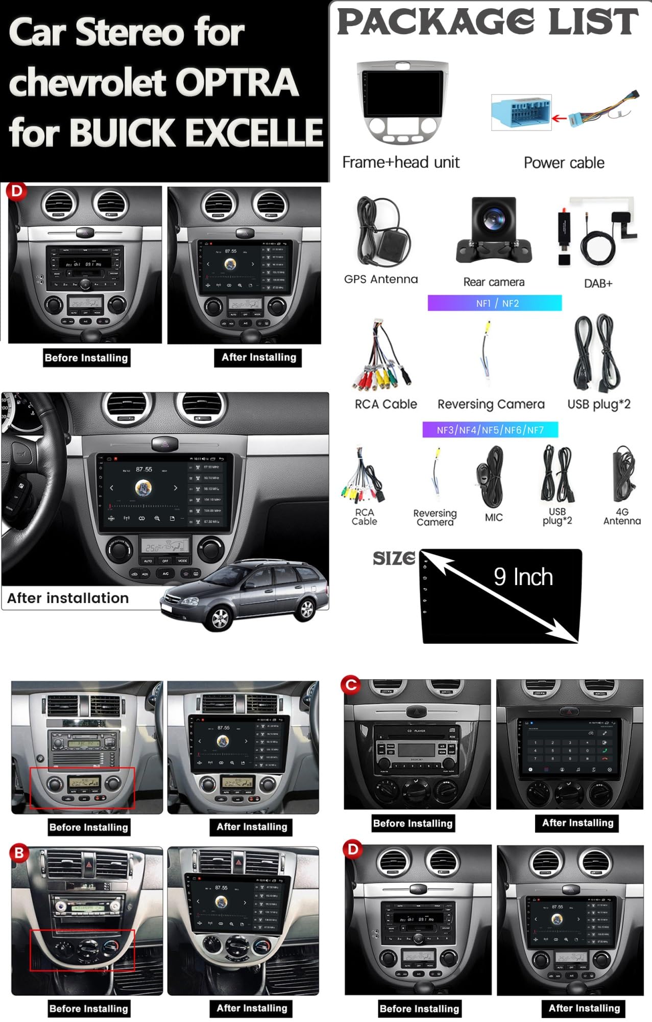Before and After installation views of the car radio in different Chevrolet Lacetti Excelle+ dashboards