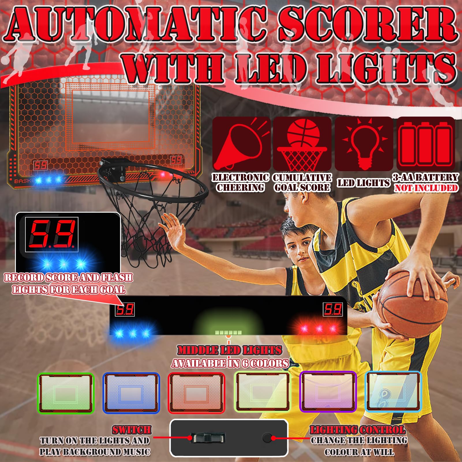 STAY GENT Panier de Basket Interieur, Mini Panier Basket la Porte avec Plusieurs Couleurs Lumières LED 4 Ballons Marqueur Automatique Panier Basket pour Chambre Mini Hoop Jeux Sportif Enfant Adultes