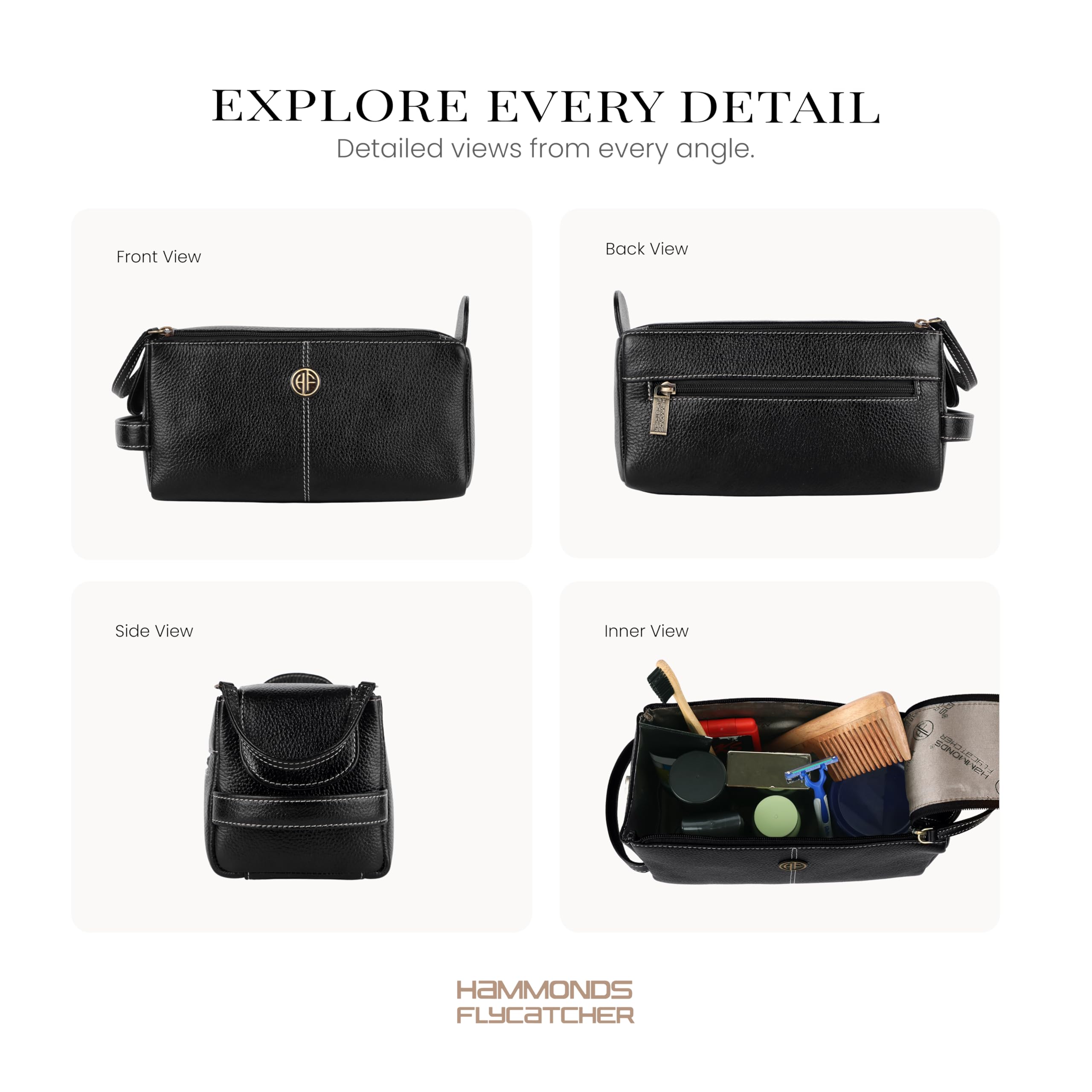 HAMMONDS FLYCATCHER Neceser de viaje unisex de piel auténtica para adultos, estuche de aseo de viaje, organizador de higiene y aseo, piel libre de crueldad animal y cosido a mano, color negro, Black