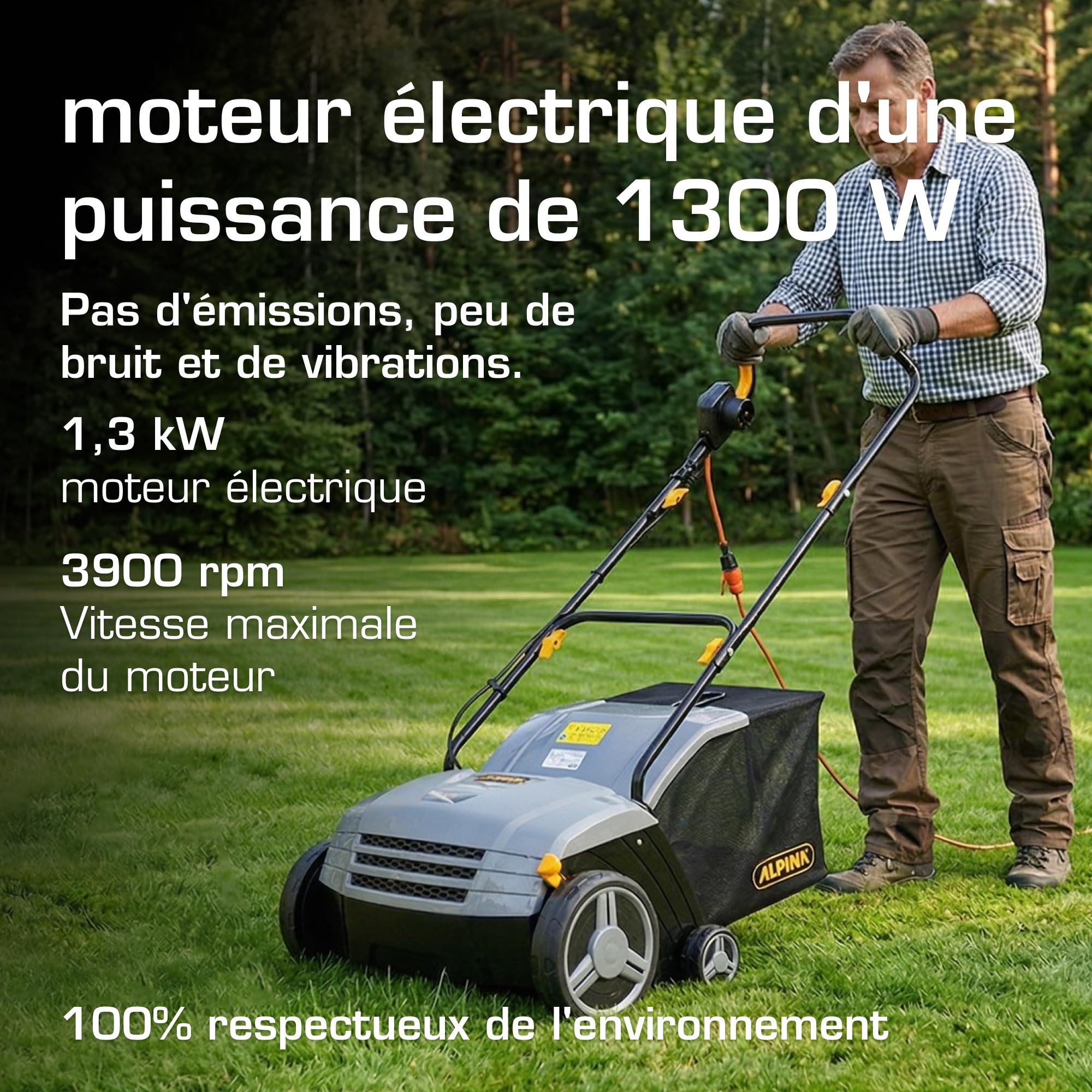 Alpina Scarificateur Electrique ASC 1.3 E, Moteur 1300 W, 16 Lames et 36 Dents, Profondeur réglable entre -6 mm et + 4 mm, Pour scarifier et aérer le terrain, Bac de ramassage de 40 L
