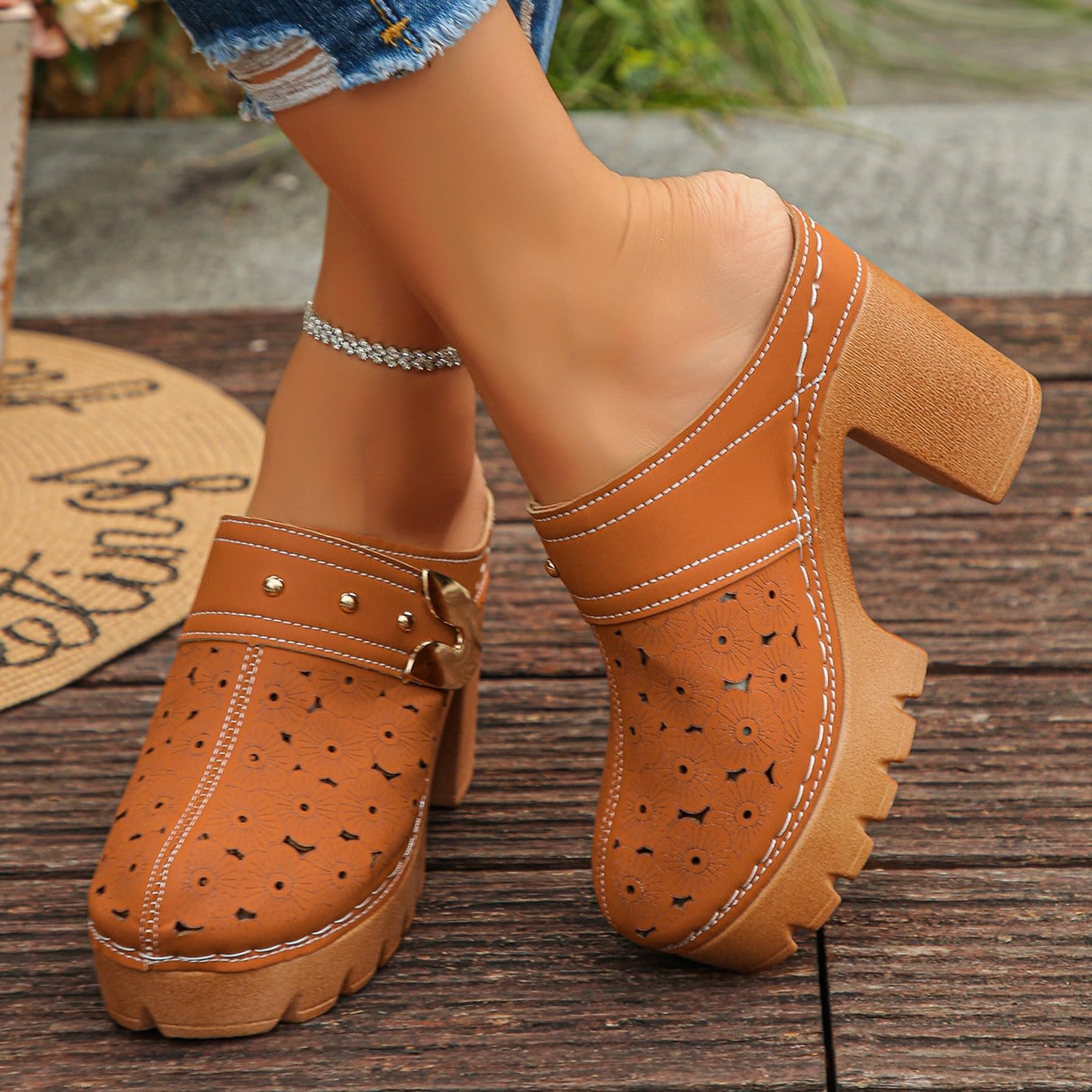 Scarpe Donna Tacco Pianta Larga Sandali Estivi Sandali estivi da donna con fibbie in metallo stile retrò con tacco spesso e stivaletti traforati Eleganti Bassi Scarpe Estive