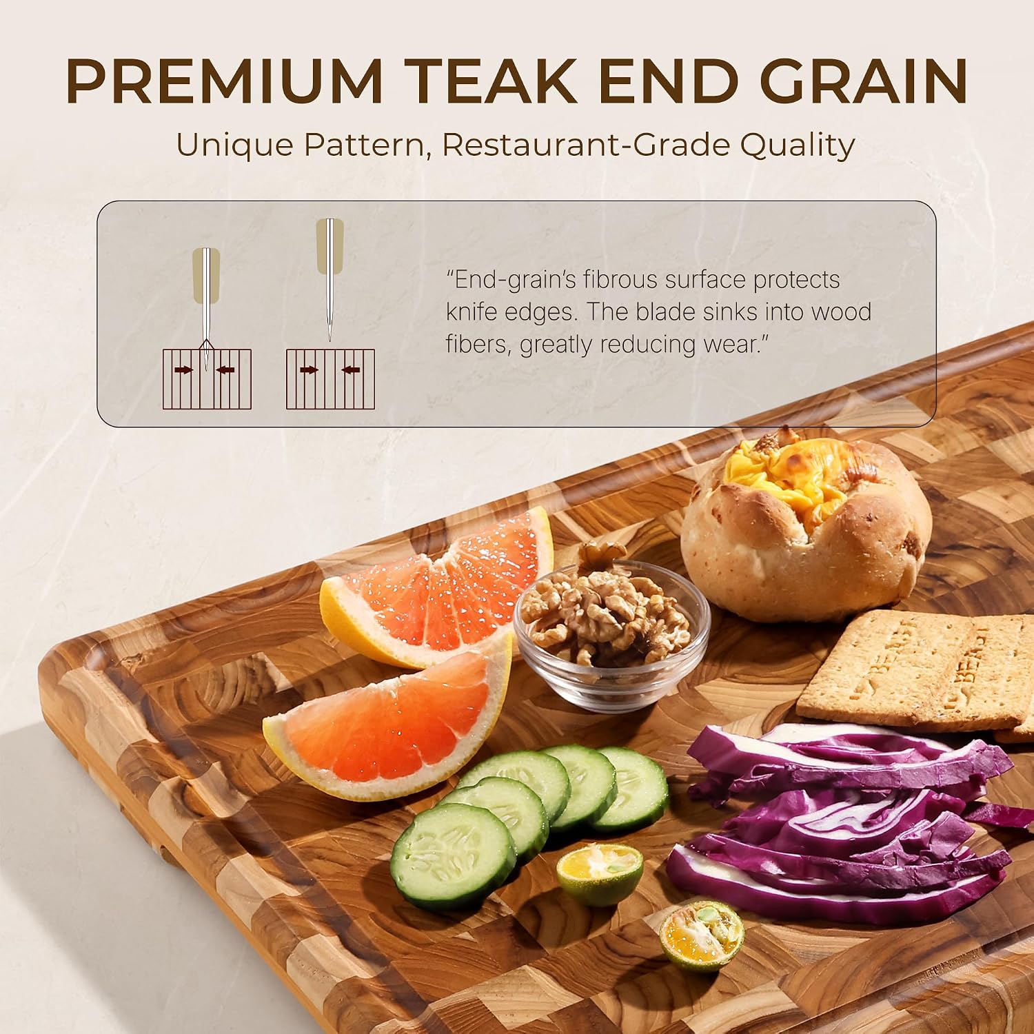 Teak Wood Cutting Boards for Kitchen,Extra Large Butcher Block End Grain Wooden Cutting Board with Juice Groove & Handle Heavy Duty Chopping Charcuterie Board Non Toxic Slip Serving Knife Friendly 20"