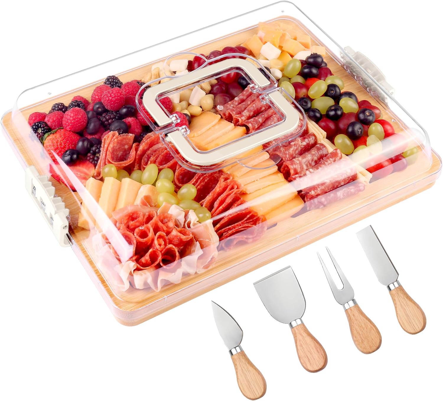 Charcuterie Board with Lid and Handle – Portable Travel Design Bamboo Cheese Board Set with 4 Cheese Tools, Gift for Housewarming, Weddings, Picnics(6 Compartments, White) Charcuterie Board with Lid and Handle – Portable Travel Design Bamboo Cheese Board Set with 4 Cheese Tools, Gift for Housewarming, Weddings, Picnics(6 Compartments, White)