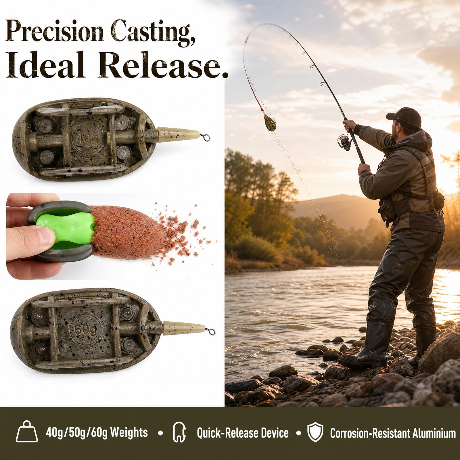 Accessoires Feeder en 6 pièces : kit Method Feeder, Method Feeder Plat avec boîte à appâts, Lest supplémentaire, Panier Feeder pour la pêche avec des appâts de 20 g, 30 g, 40 g et 50 g