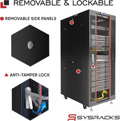 Sysracks - 37-U Server Rack Cabinet with Locking - Free Standing, Rack Mount for Network, Server Equipment - Cooling Fan, Thermostat, PDU, Caster Leveler