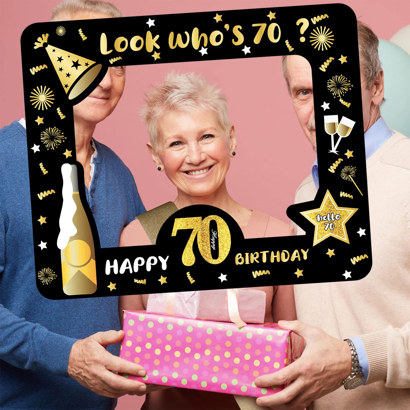 Cadre Photo Gonflable 70e Anniversaire 67x51cm - Accessoire Photobooth, Décoration Fête Noir Et Doré