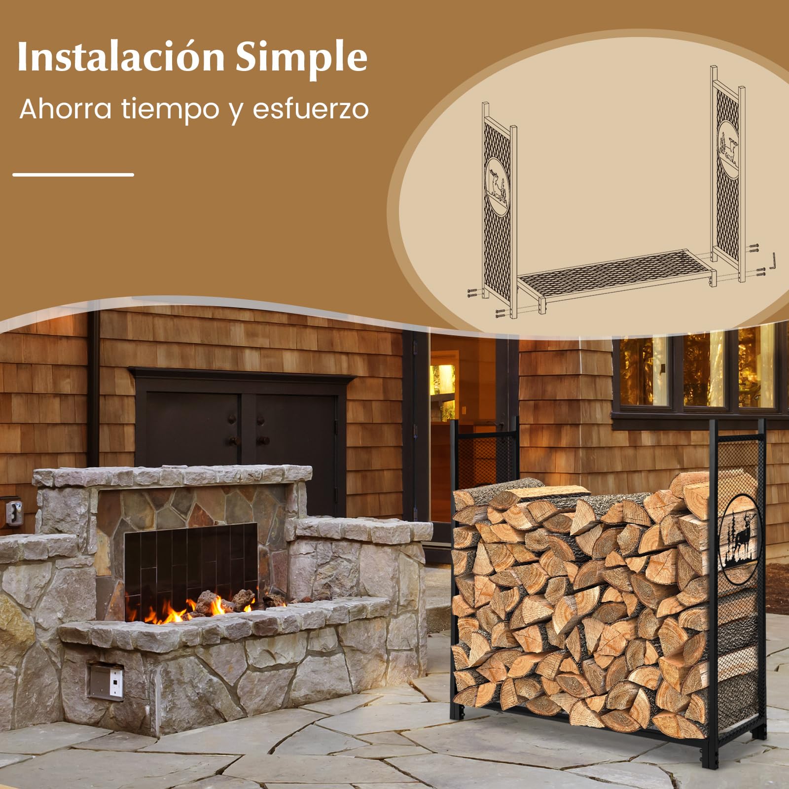 COSTWAY Leñero Exterior/Interior, 121 x 38 x 117 cm, Estante de Leña con Lados de Malla, Base Elevada, Carga de 140kg, Soporte para Almacenar Leña
