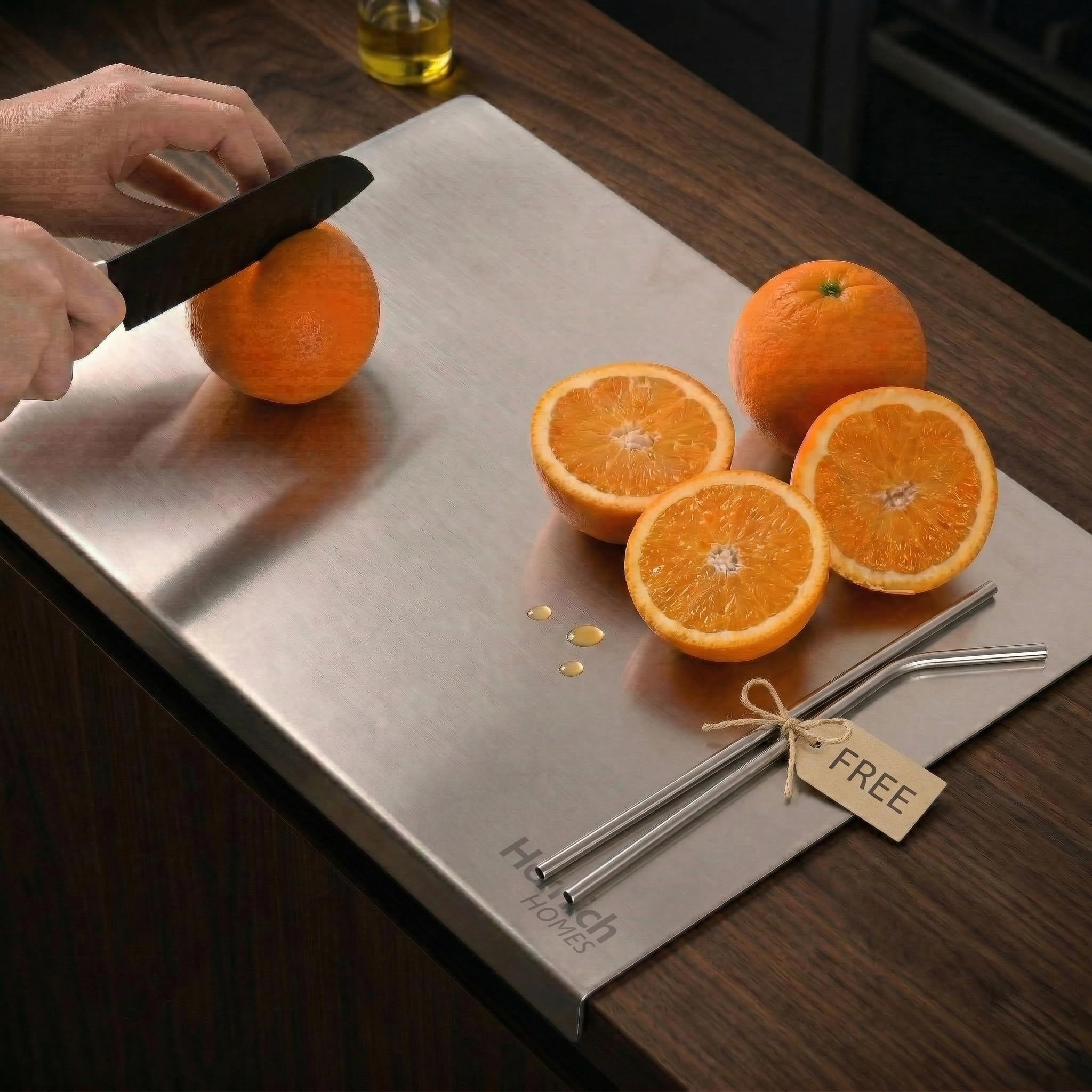 Herrlich Homes Stainless Steel Chopping Board with Lip for Kitchen | 35x30 cm Compact Cutting Board | Dual Side Reversible | for Vegetables, Meat, Fish, Fruits, Roti Kneading | Free 2 Steel Straws