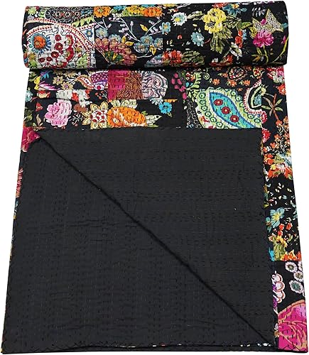 Vista 110 de Marubhumi Edredón tradicional indio de algodón puro, estampado de cachemira, colcha Kantha multicolor (multicolor-22, individual (60 x 90 pulgadas)
