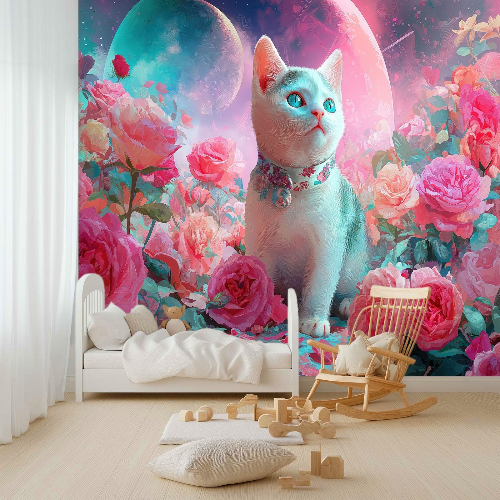 3D Fantasy Kosmos Kwiat Ogród Koty Włóknina Tapeta Mural 350 x 256 cm, Różowe Duże okładziny ścienne, Wklej na ścianę dla dziewcząt, chłopców, sypialni, przedszkola, nastolatków, pokoju zabaw, wystrój