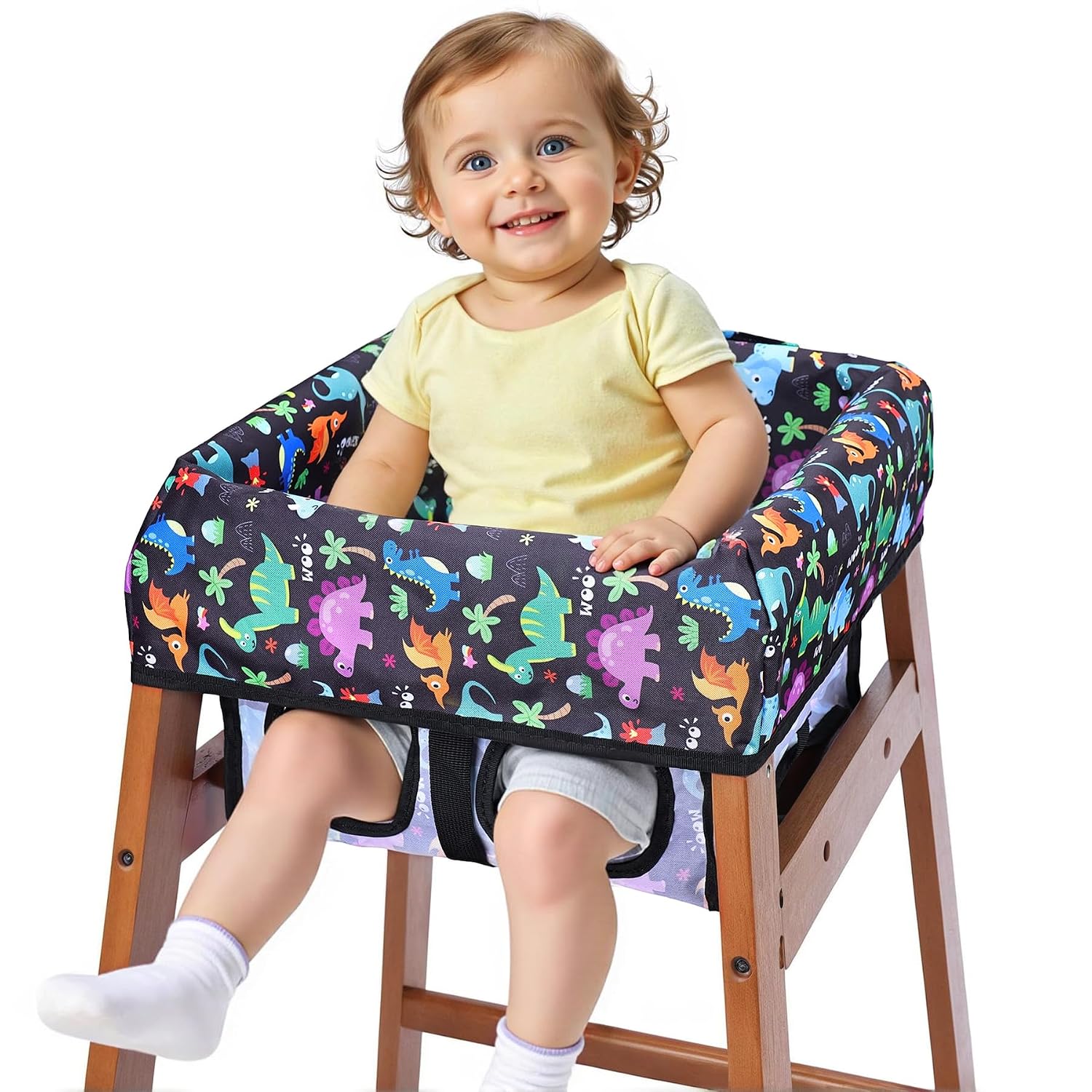 COOLBEBE Baby High Chair Cover with 3-Point Harness, Waterproof & Machine Washable Portable Seat Cover, Fits Wooden Chairs for Restaurant, Travel, Home & Dining Out, Black Dinosaur