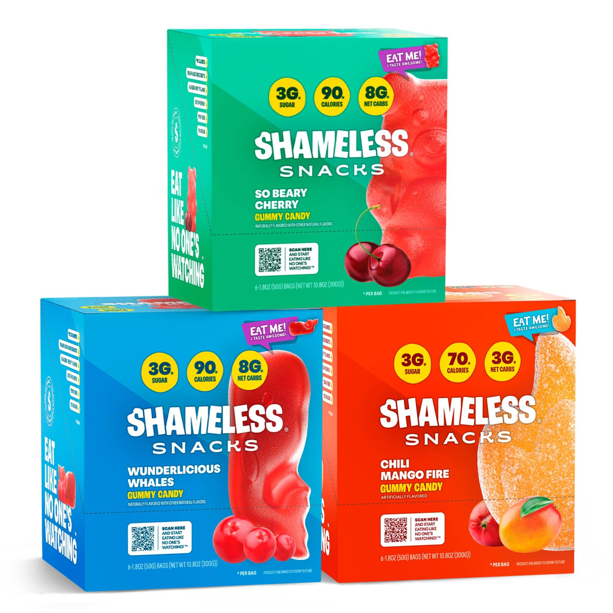 Shameless Snacks New Flavors Bundle Healthy Low Carb Keto Gummies Beary Cherry, Wunderlicious Whales and Chilli Mango