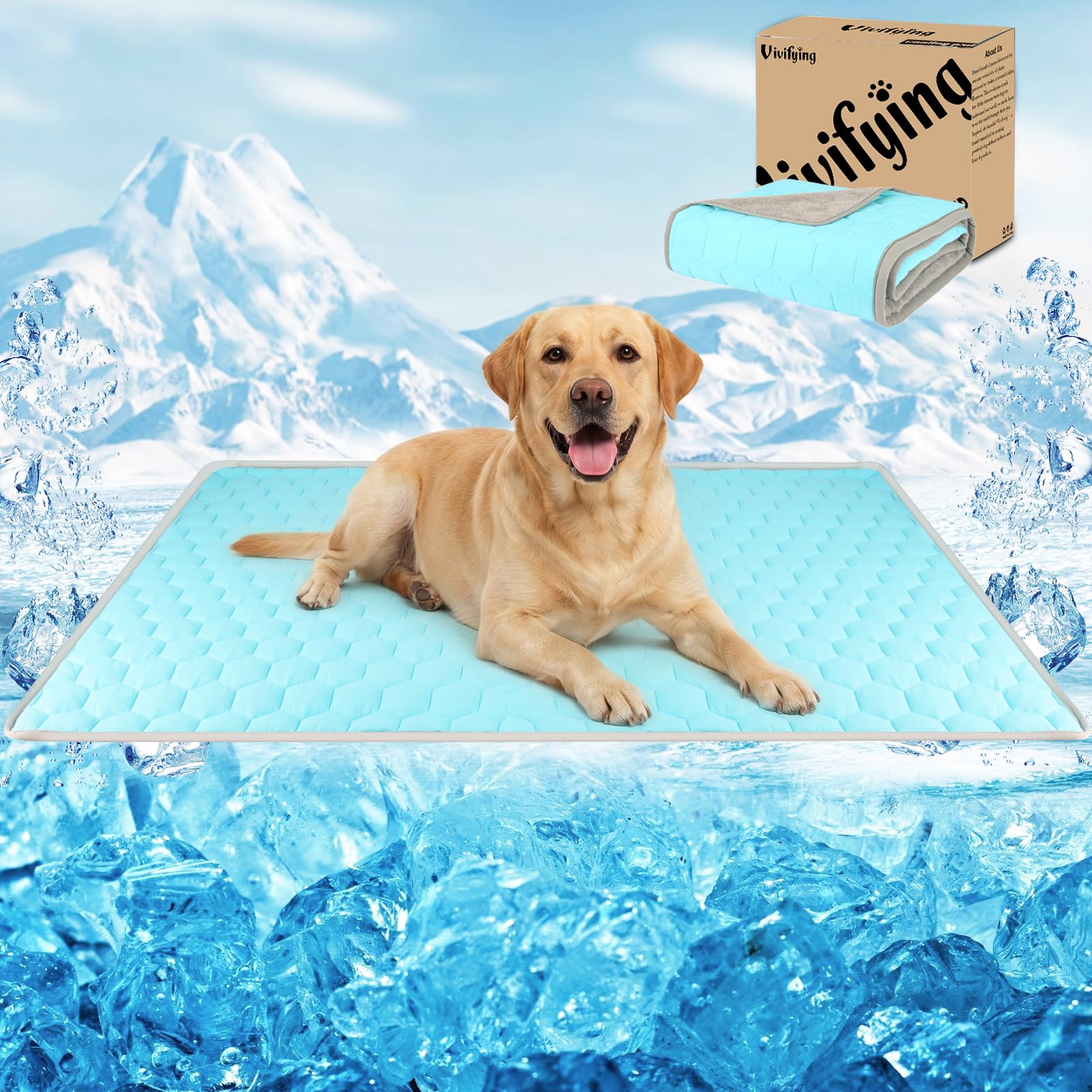 Vivifying Tapis rafraîchissant Chien 101 x 76 cm, Couverture Chien imperméable réversible en Soie glacée & Velours, Auto-refroidissant, Lavable, été/Hiver, canapé, lit, Cage, Sol, Auto (Bleu/Gris)