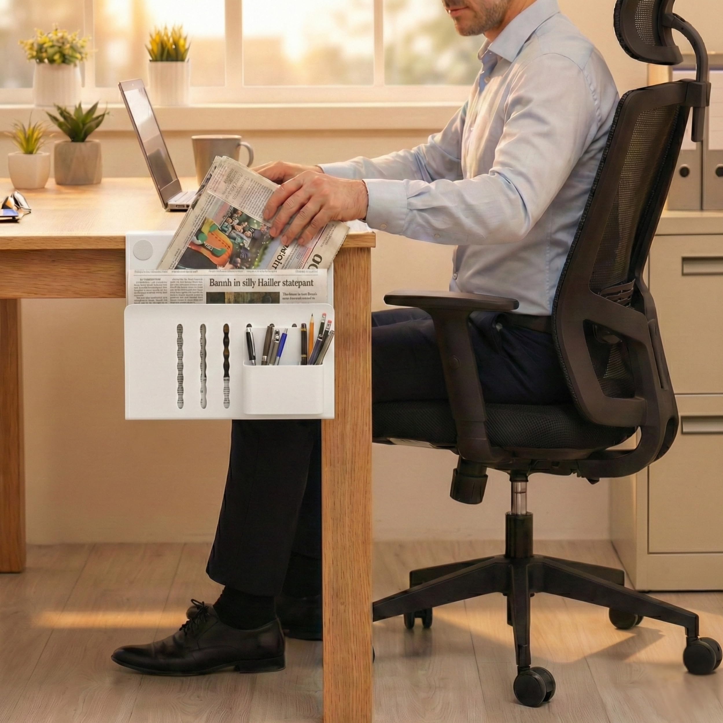 Spacetronik Schreibtisch Seitenaufbewahrung, Desk Side Storage mit Klemme | Ohne Bohren, Laptop Halterung Schreibtisch Seitlich Doppelfach aus Stahl mit Stiftehalter, Weiß, 30x30cm