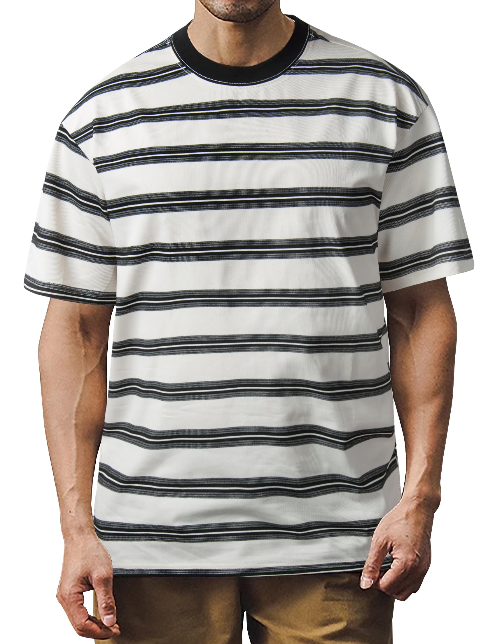 Derminpro Men's Stripe Polo Shirts Short Sleeve Loose Fit Collared T-Shirts