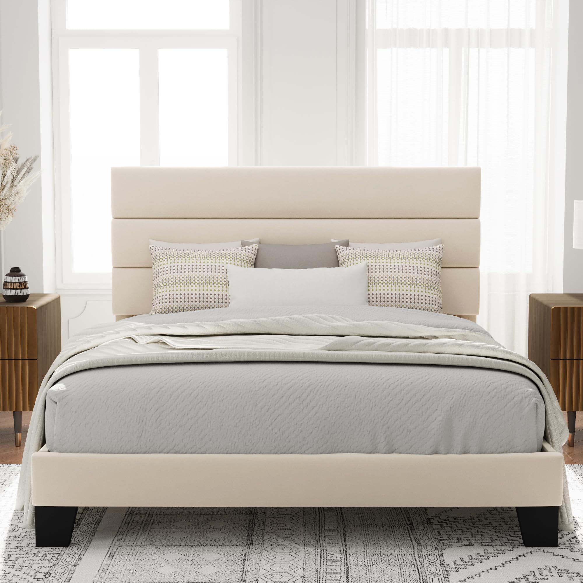 Allewie Queen Size Platform Bed Frame with Velvet Upholstered Headboard and Wooden Slats Support, Fully Upholstered Mattress Foundation/No Box Spring Needed/Easy Assembly, Cream