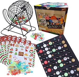 Deluxe Christmas Bingo Set - 8 Inch Metal Cage with Random Ball Selector, 50 Holiday Bingo Cards. Perfect for Family Game Nights, Christmas Parties, Large Groups & Senior Activities.