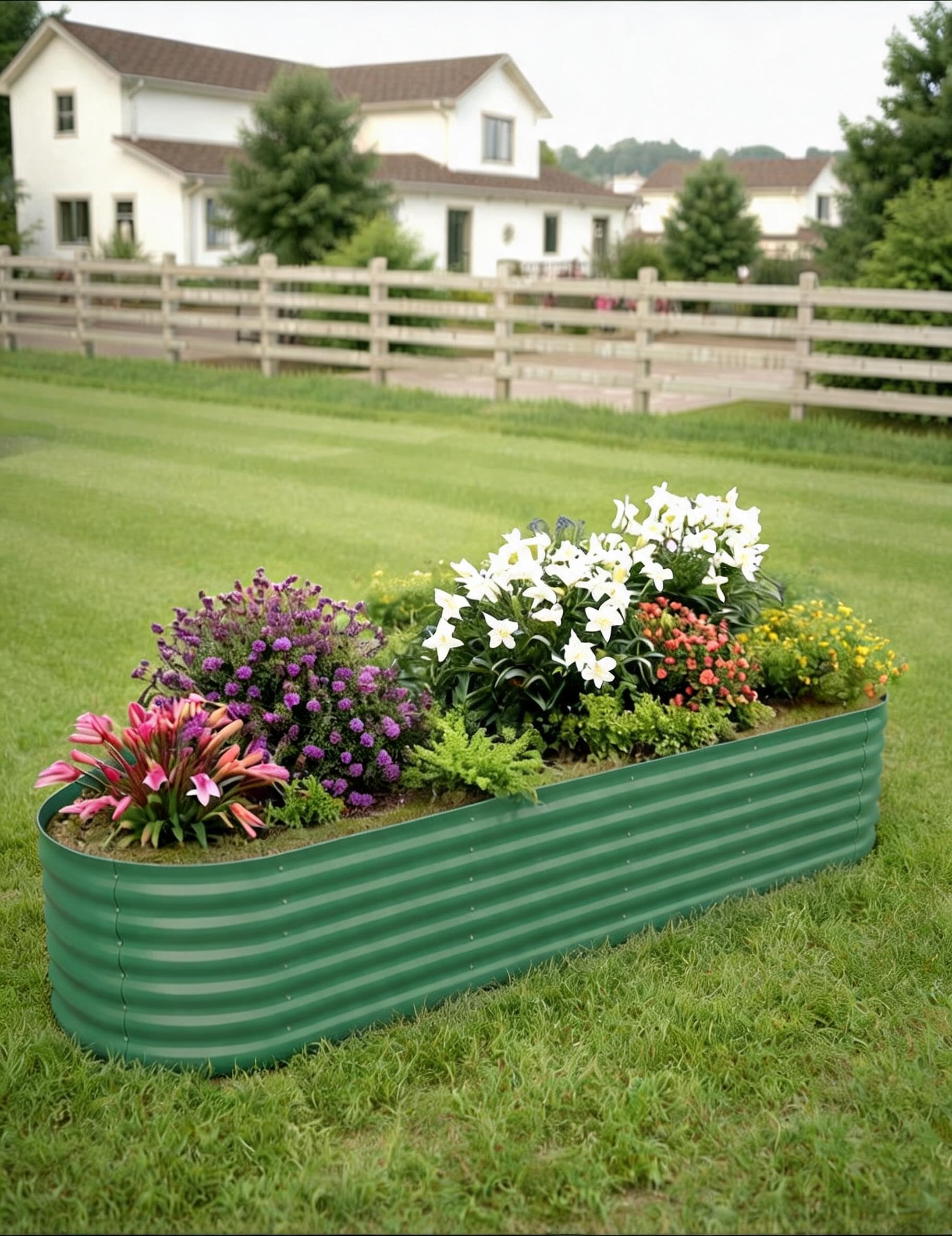 Bac à fleurs ovale surélevé Acekool en acier galvanisé vert émeraude 240x60x45cm