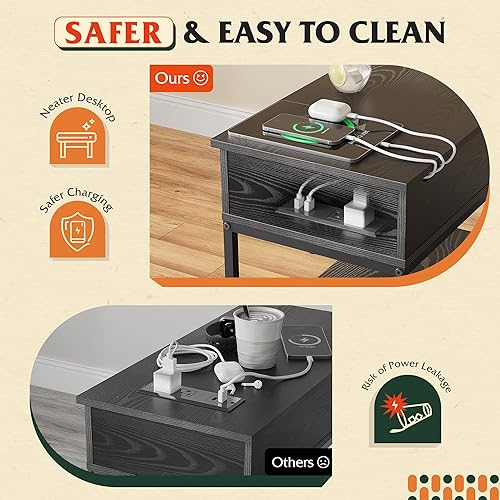 Miniatura 5 de WLIVE Mesa auxiliar estrecha con 2 puertos USB y 2 tomacorrientes, mesa auxiliar abatible con cajón y estantes de almacenamiento, soporte auxiliar