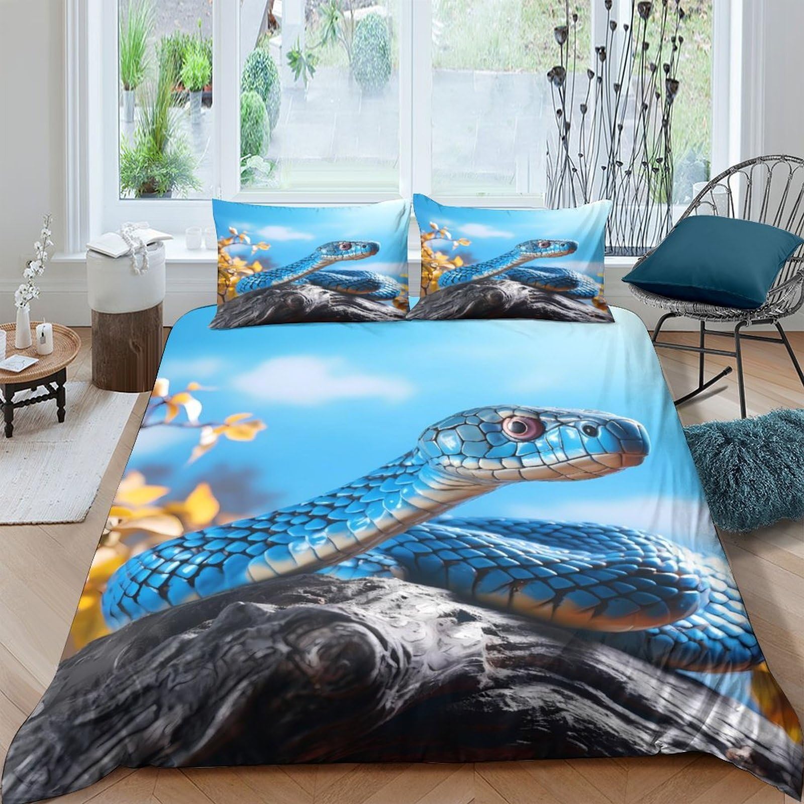 3D Printed Blue snake art Comforter Cover Breathable Fabric Digital wildlife illust Duvet Cover Hypoallergenic Shrink Resistant Friends Home Use King（220x240cm）
