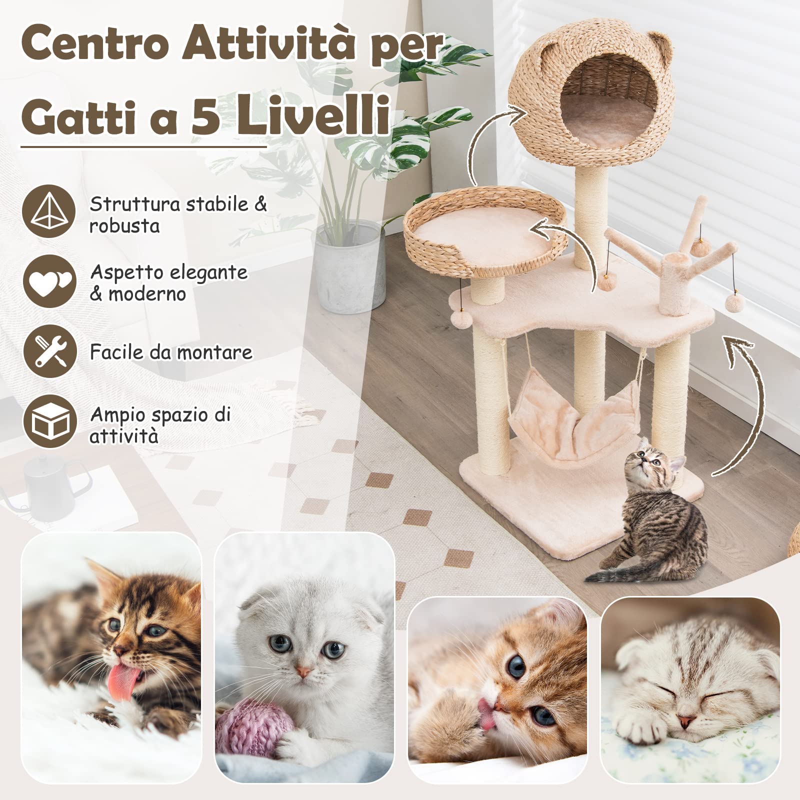 COSTWAY Tiragraffi per Gatti Adulti, Albero Tiragraffi con Cuccia, Piattaforma, Cuscini e Tiragraffi, Torre per Animali Domestici in Legno, 49,5 x 49,5 x 121 cm