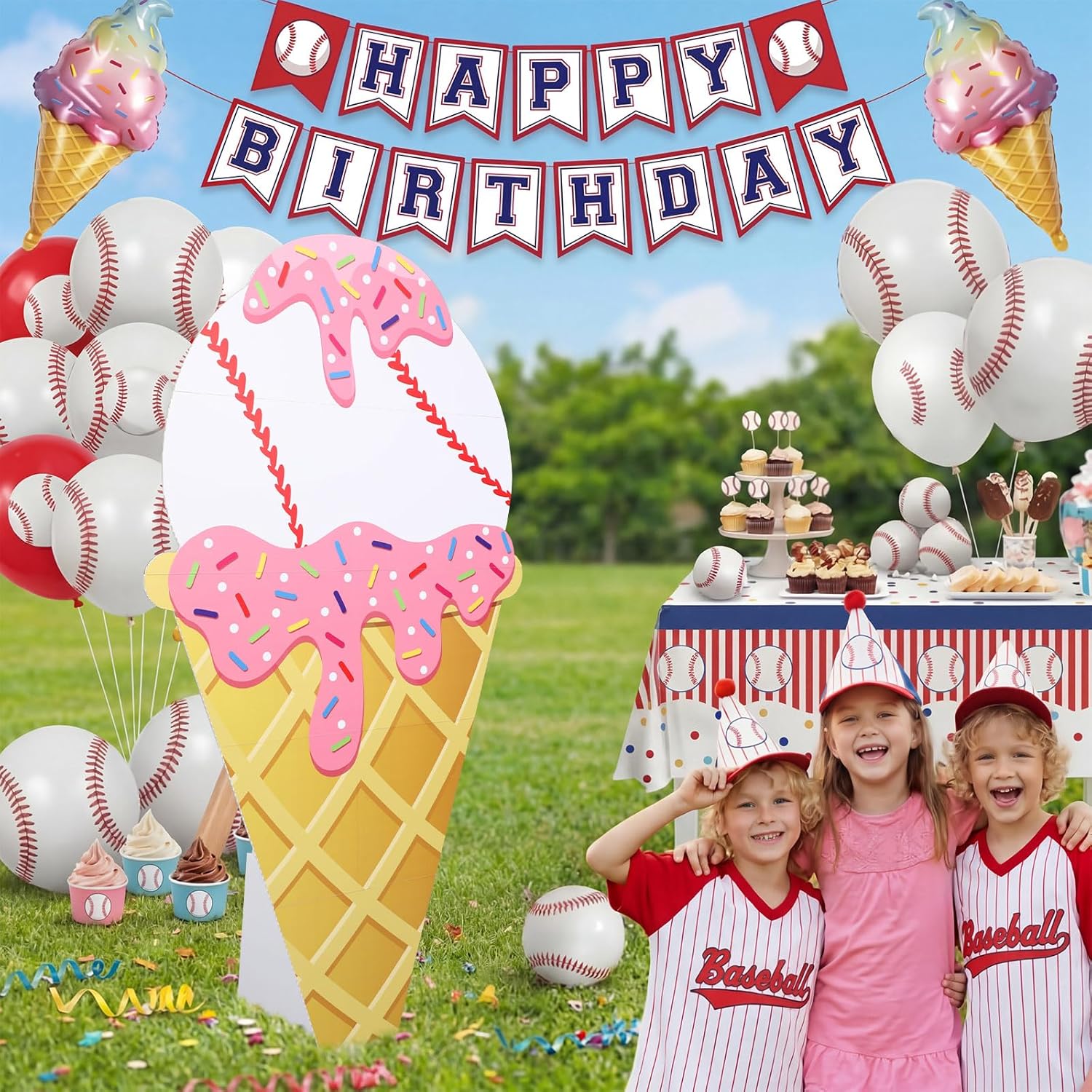 Novabright Large Ice Cream Drip Baseball Birthday Party Decoration 27.44 x 50.43 Inch Ice Cream Cardboard Cutout Stand up Photo Prop Baseball Drip Backdrop Decor for Baseballs Sport Birthday Party