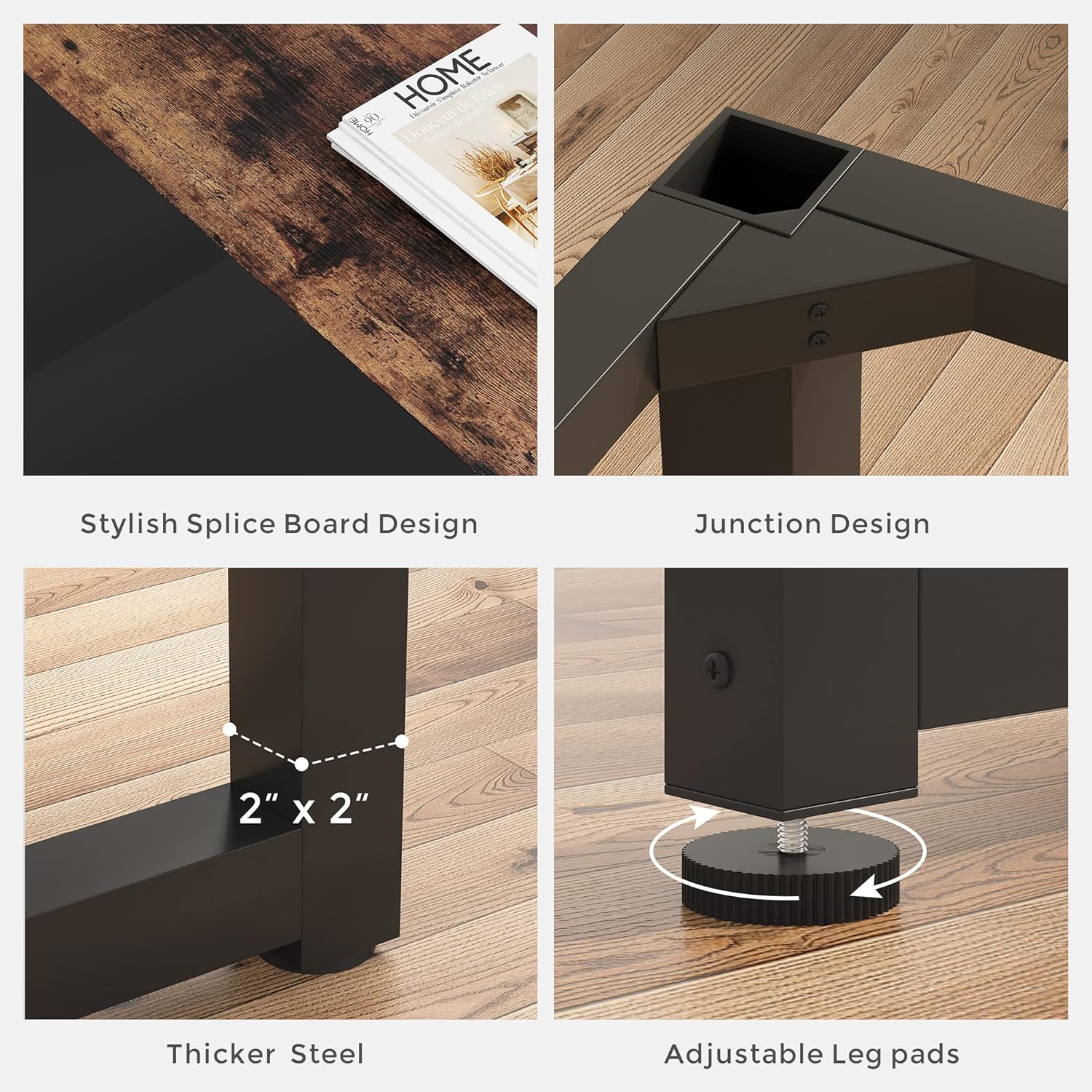 Close-up view of the Tribesigns Modern Computer Desk's thick steel frame, junction design, stylish splice board, and adjustable leg pads.