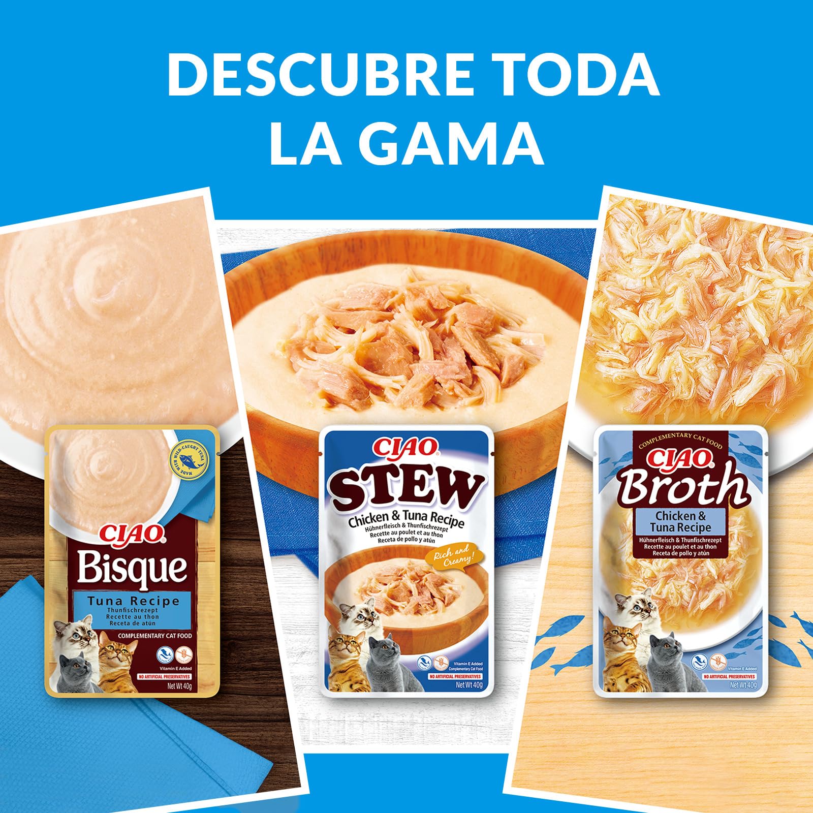 INABA Ciao Stew Gatos - Receta Saludable de Estofado Cremoso con Pollo, Atún, Salmón y Vieira - Comida Húmeda con Tiras de Pollo - Alimento Natural sin Cereales - 960g (24 Sobres x 40g)