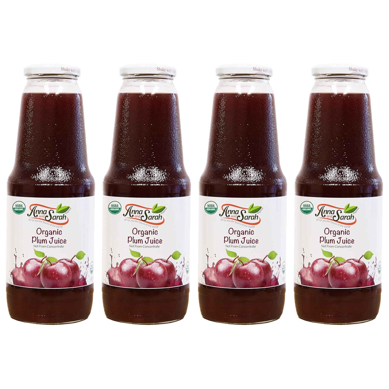 Anna and Sarah 33.8 Oz Organic Tart Plum Juice - Glass Bottle (4 Pack) No Sugar Added, No Artificial Colors, No Preservatives, No Flavors Added,NOT from Concentrate