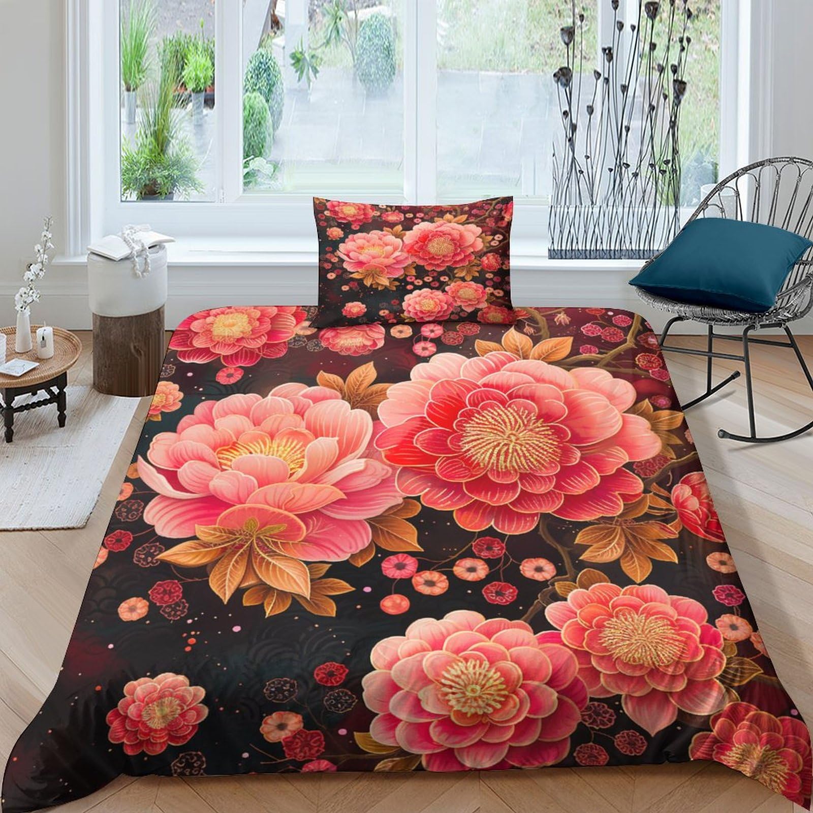 Housse de couette fleurs 3D motif floral microfibre 135x200 cm avec fermeture éclair invisible