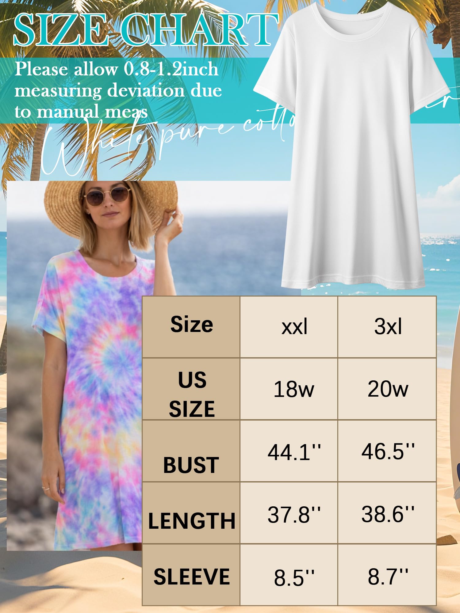 Amazon.com: Silkfly 1 Pcs Tie Dye Dress Kit for Women Plus Size, Beach White  Cotton T-Shirt for DIY, Loose Fit Summer Casual Dress (XX-Large)