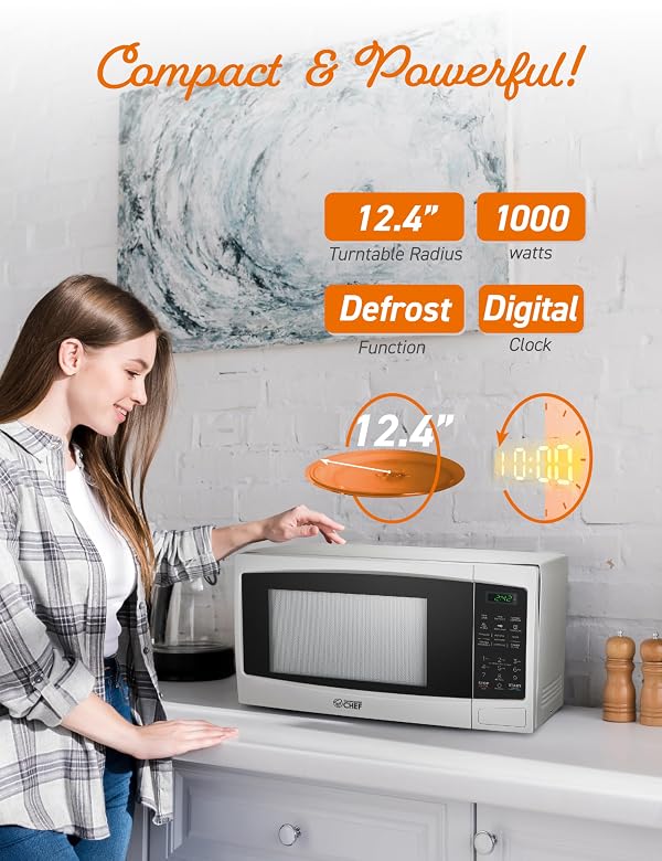 Commercial Chef 1.1 Cu. Ft. Countertop Microwave Oven, Touch Controls with Digital LED Display, 1000W Small Microwave with 12.4” Turntable Plate, Push Button Door, 10 Power Levels, CHM11MW, White by Commercial CHEF - Image 4