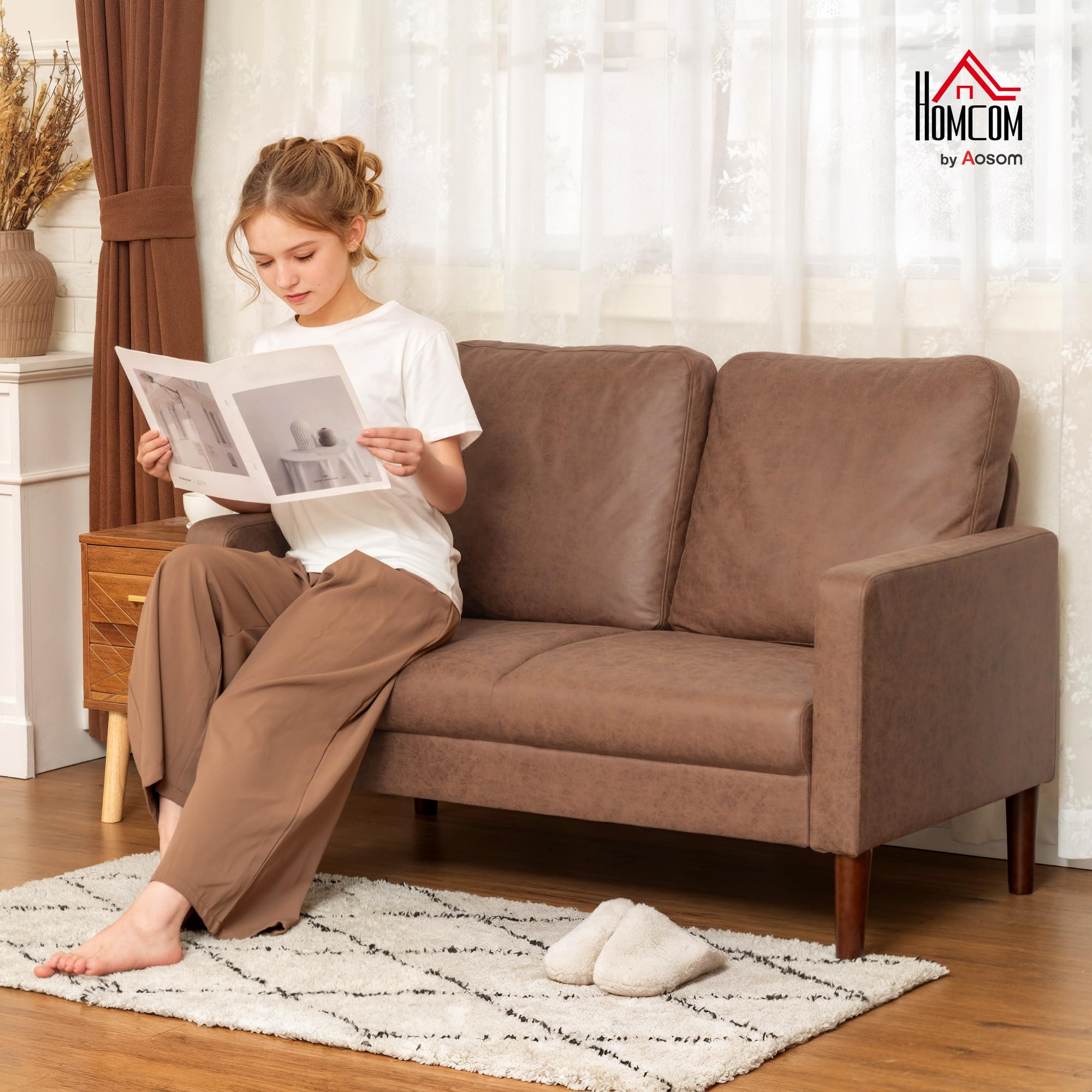 HOMCOM Sofá de 2 Plazas, Tapizado en Microfibra, Sofá Moderno con Patas de Madera, Reposabrazos, para Salón, Dormitorio, Oficina, Sala de Estar, 130x78x85 cm, Marrón