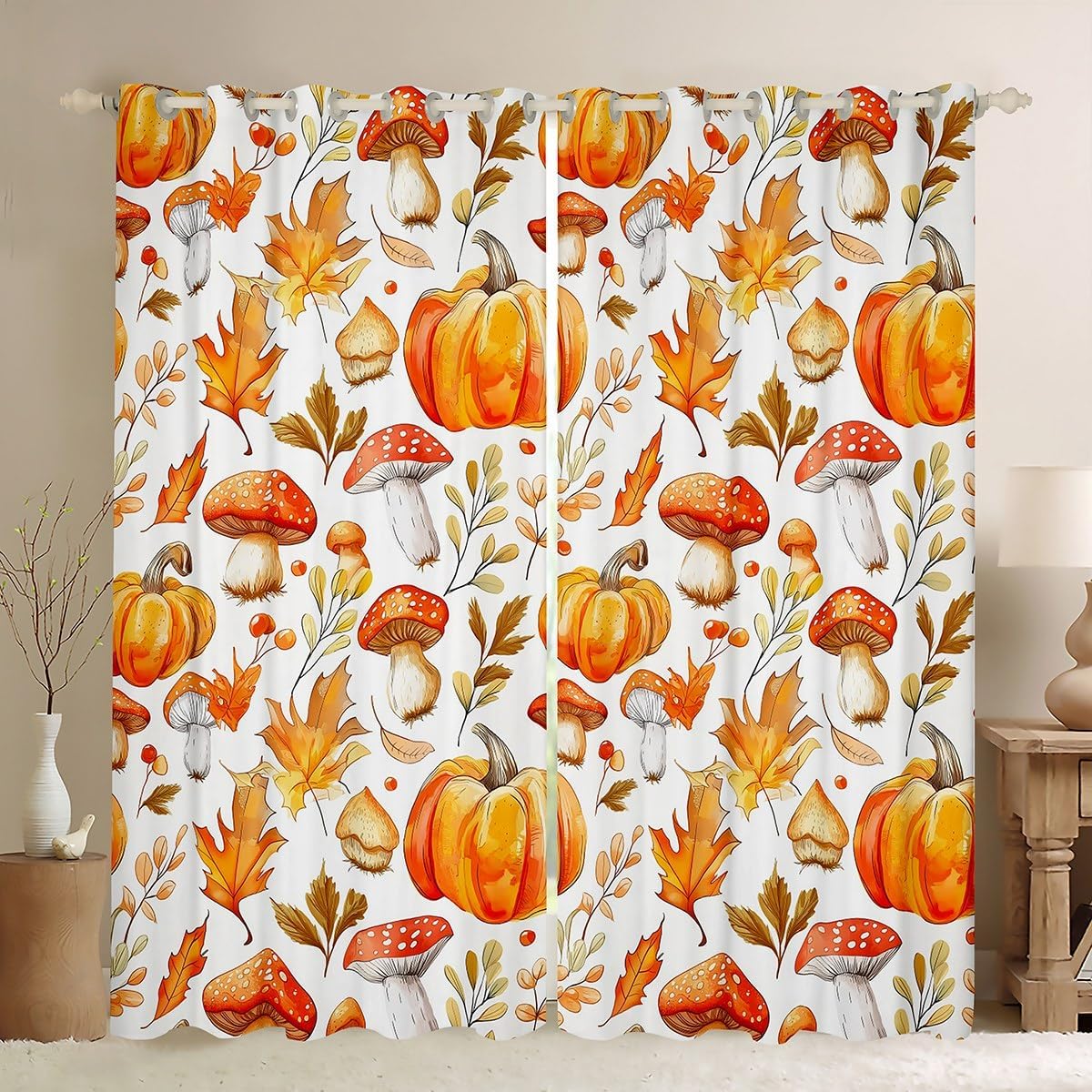 Erosebridal Thanksgiving Pumpkin Blackout Curtains for Living Room, Mushroom Botanica Window Curtains 2 Panels 52" Wx63 L, Maple Leaves Window Treatments Drapes Fall Home Decor Aesthetic Decor