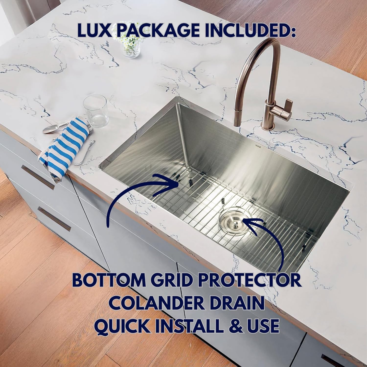 Nantucket Sinks Stainless Steel Laundry Sink – 30" Undermount Deep Sink for Utility Room, Single Bowl, Rectangular, with Bottom Grid Protector, Drain & Template – Small Radius, 16 Gauge, SR3018-12-16