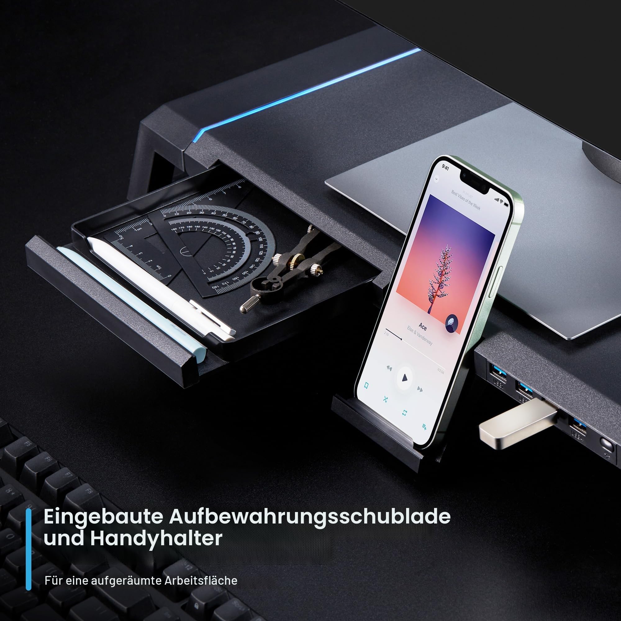 Ewent Monitorständer, RGB Monitor Riser, Klappbar, Smartphone- und Tablet-Halterung mit Ablagefach und 4 USB Anschlüsse, Ergonomischem Druckerständer für Laptop, Computer, Notebook, iMac, PC, Schwarz