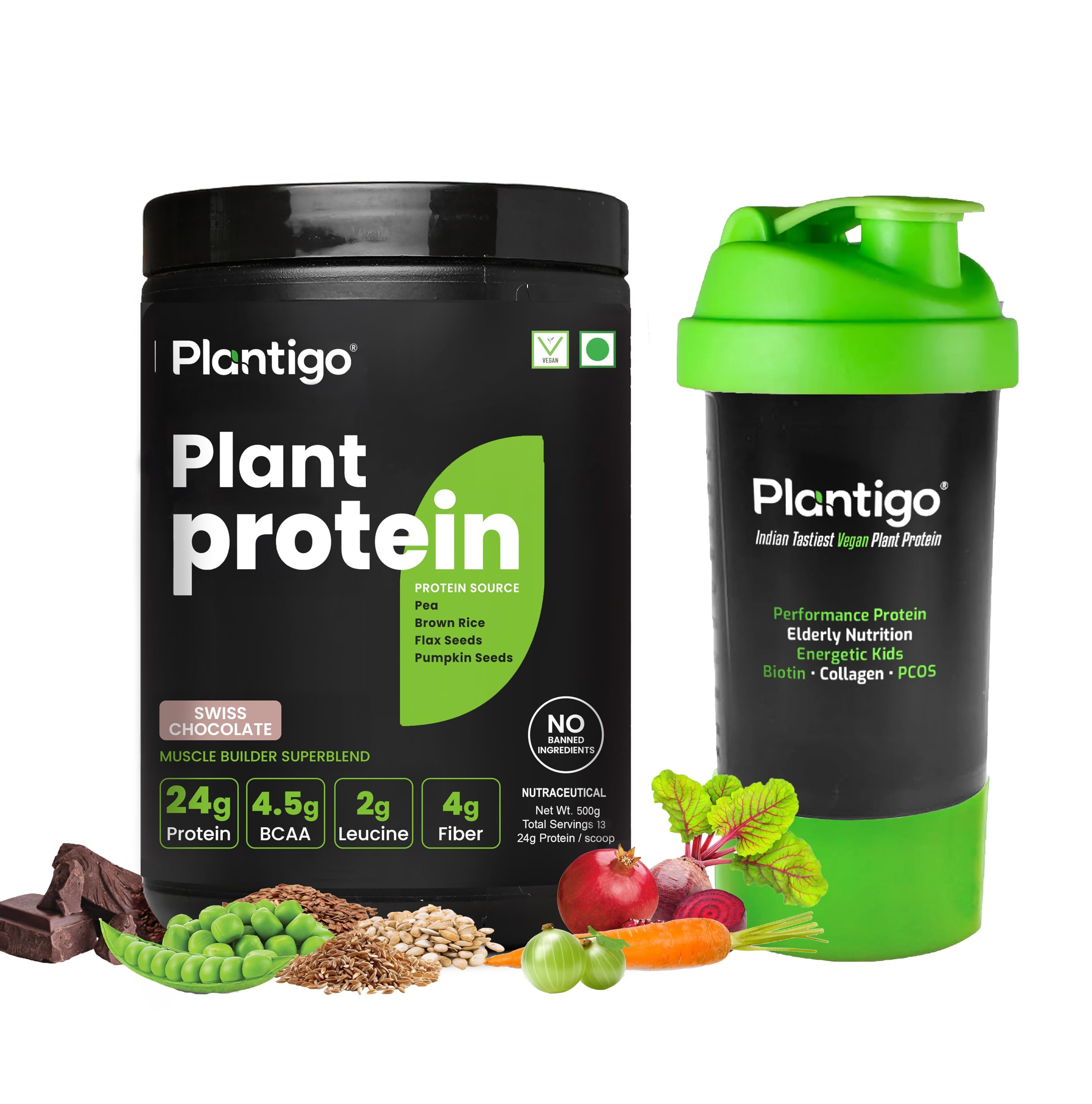 Plantigo Clean Plant Protein Powder for Men, Women -24g Protein, 4g Fiber, 4g BCAA, 2g Leucine, Antioxidants, 11 Vitamins, 8 Minerals, Brown Rice, Pea (Swiss Chocolate Flavored + Protein Sipper 600ml)
