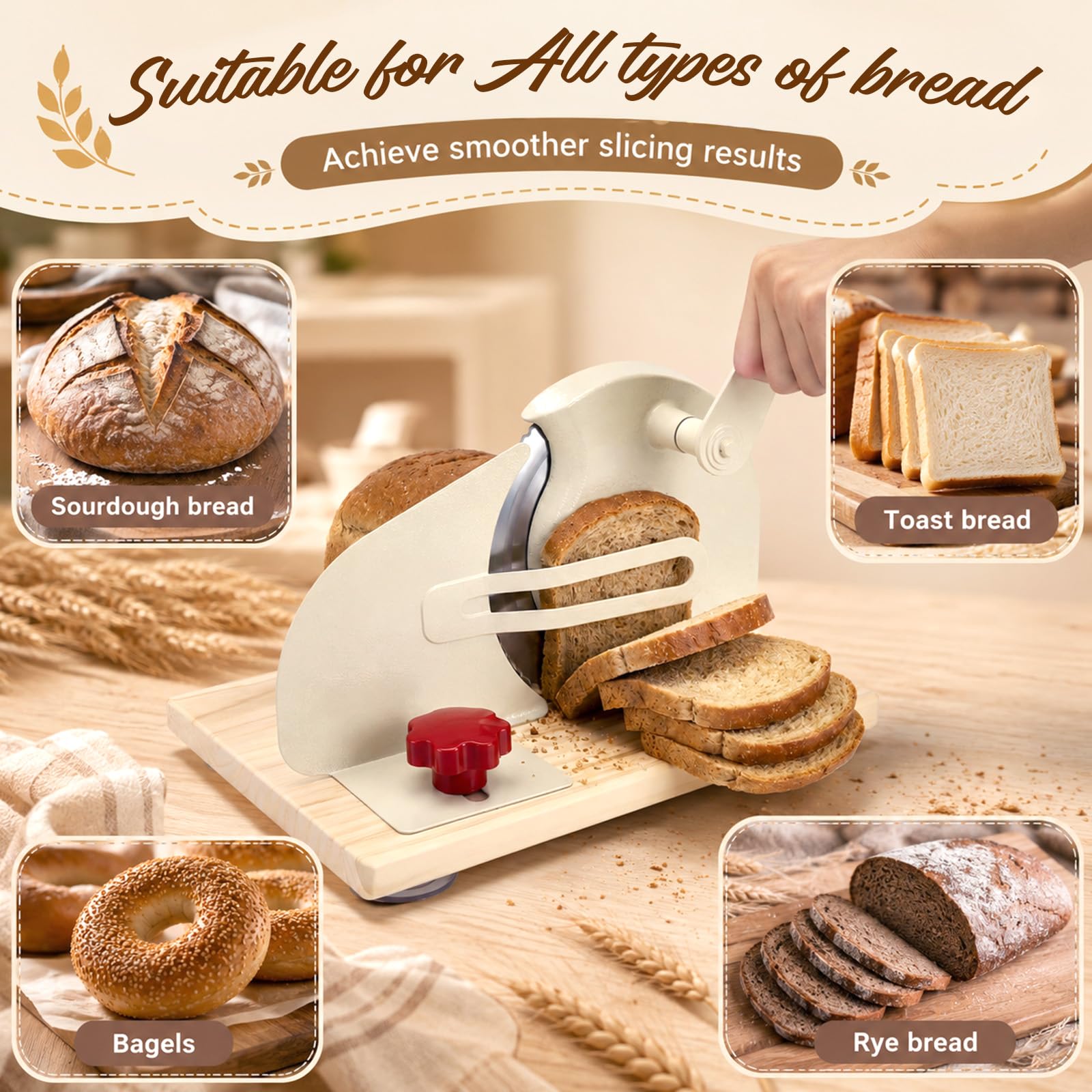 Affettatrice Manuale per Pane con Lama Acciaio, Spessore 0-28mm Regolabile | Affettatrice pane manuale–lama acciaio inox,spessore 0-28mm regolabile,manovella,base legno antiscivolo–per casa & panetteria
